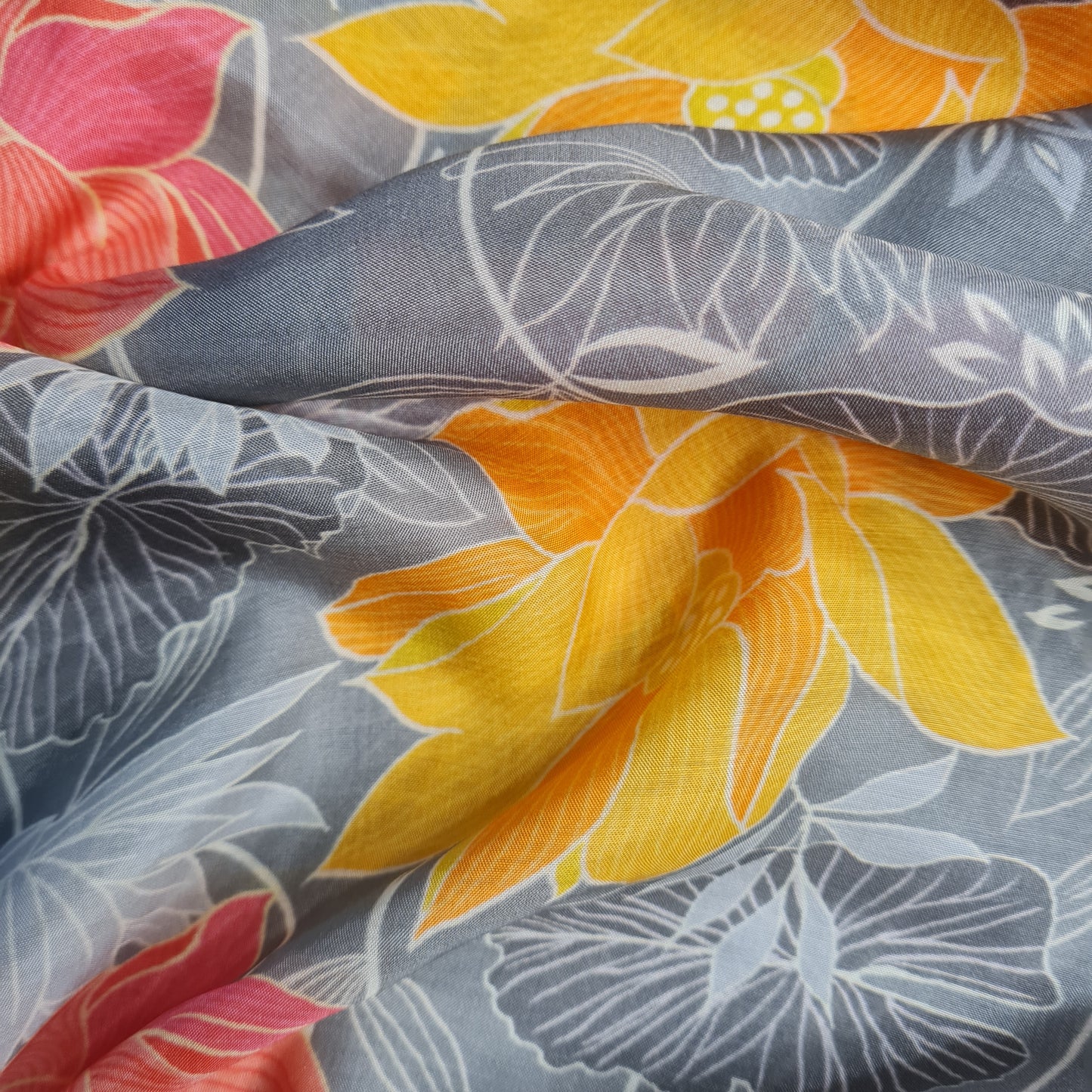 Premium Grey Tropical Print Cotton Silk Fabric