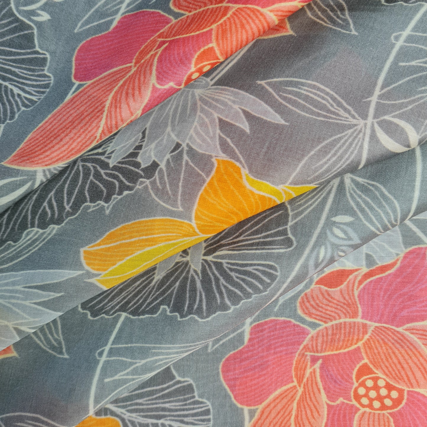 Premium Grey Tropical Print Cotton Silk Fabric