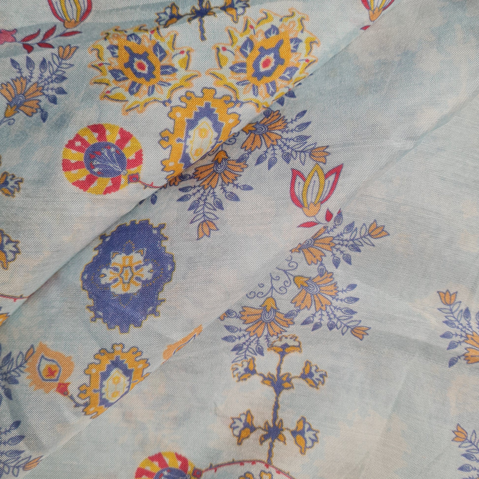 Premium Blue Floral Print Cotton Silk Fabric