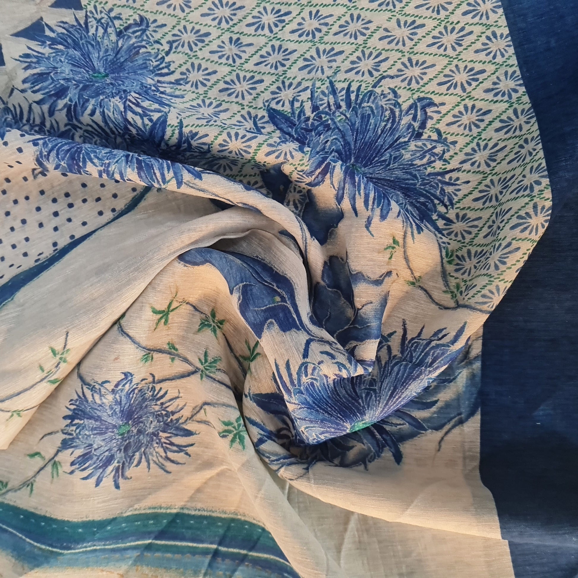 Premium White and Blue floral Print Linen Organza Fabric