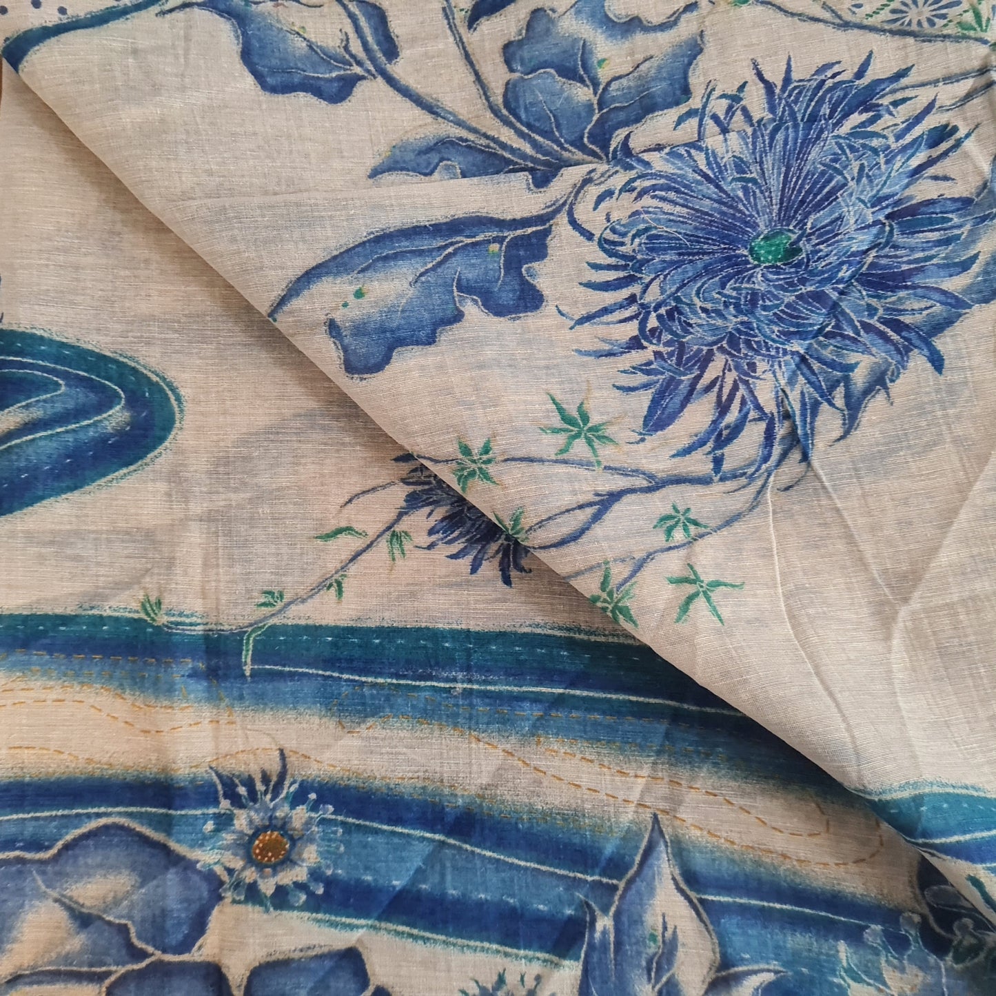 Premium White and Blue floral Print Linen Organza Fabric