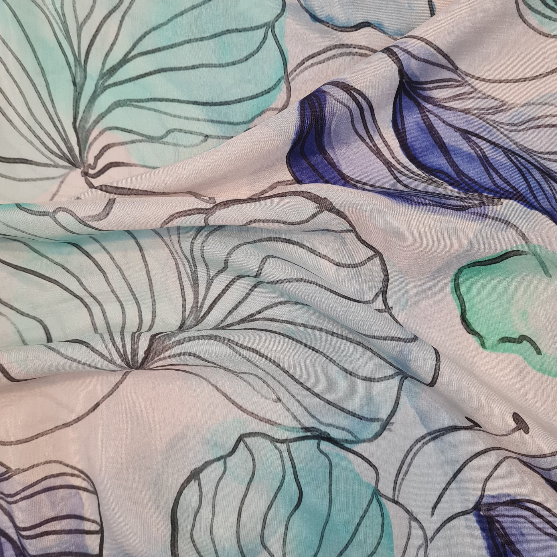 Premium White and Blue Print Muslin Fabric