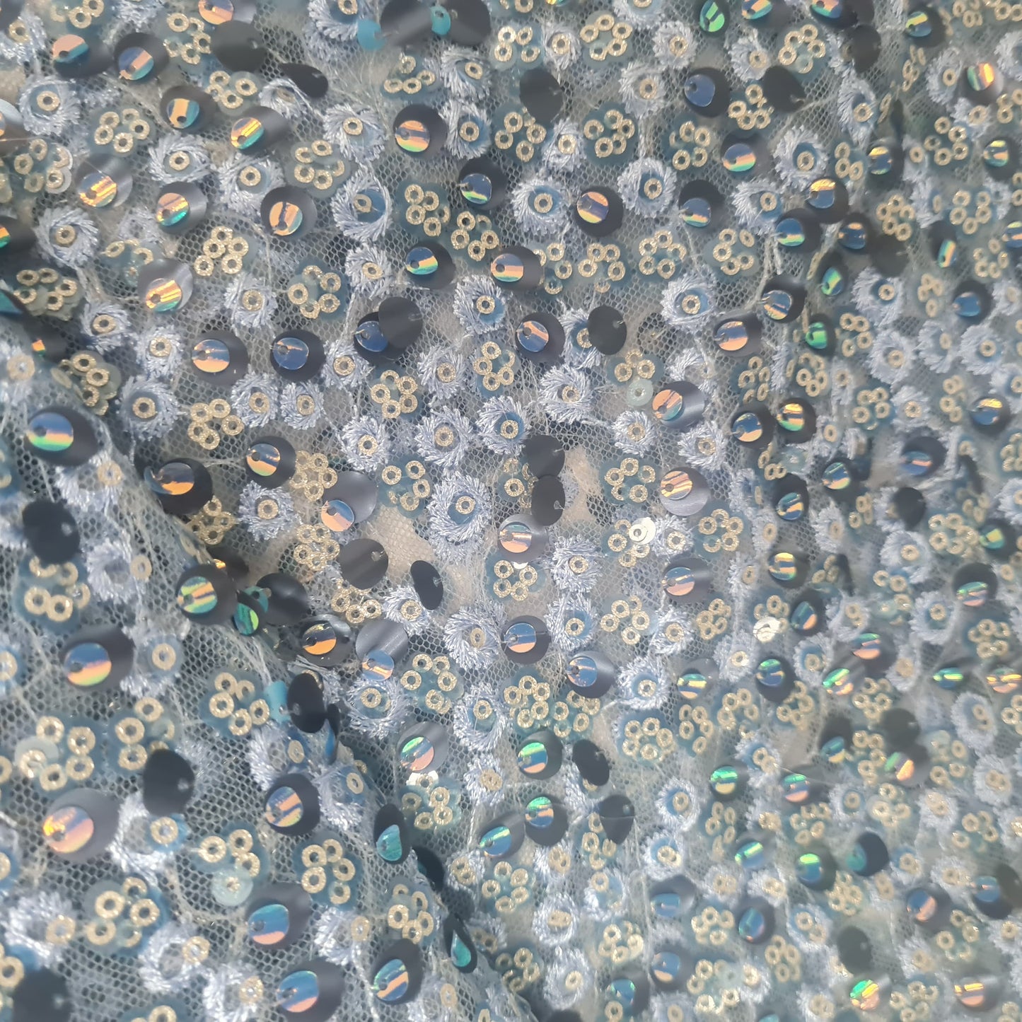 Blue Imported Sequence Thread Embroidery Net Fabric