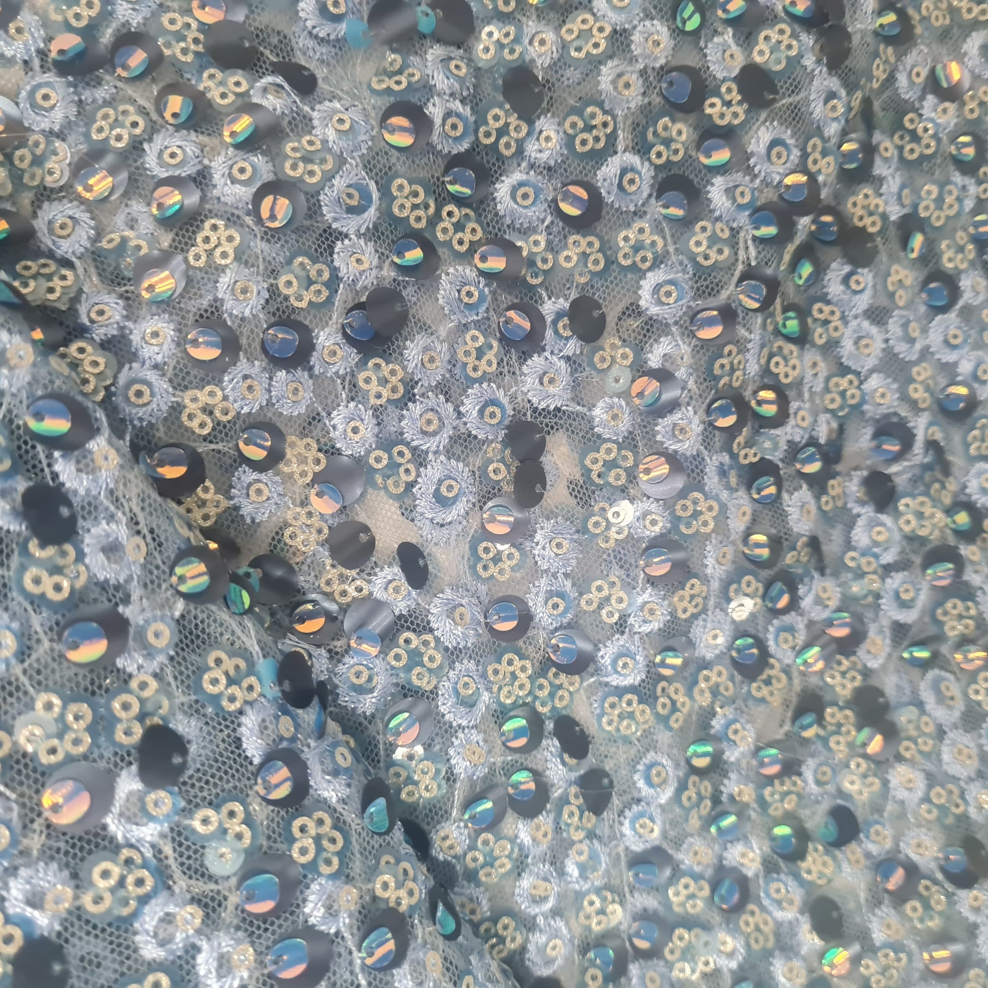 Blue Imported Sequence Thread Embroidery Net Fabric