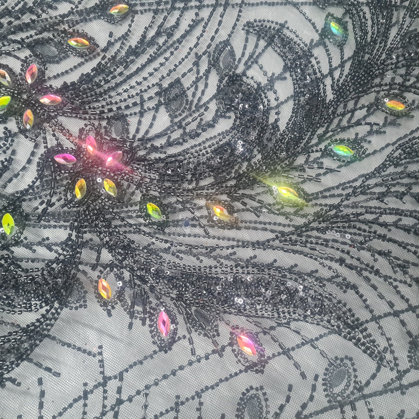 Black Heavy Sequins Rhinestone Embroidery Net Fabric