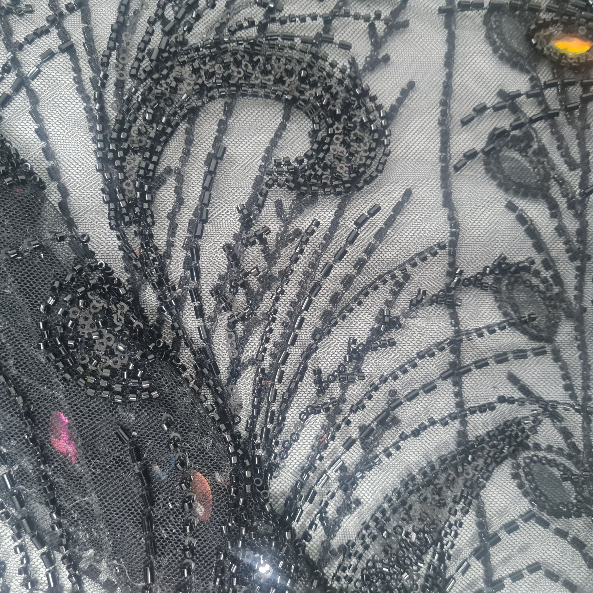 Black Heavy Sequins Rhinestone Embroidery Net Fabric