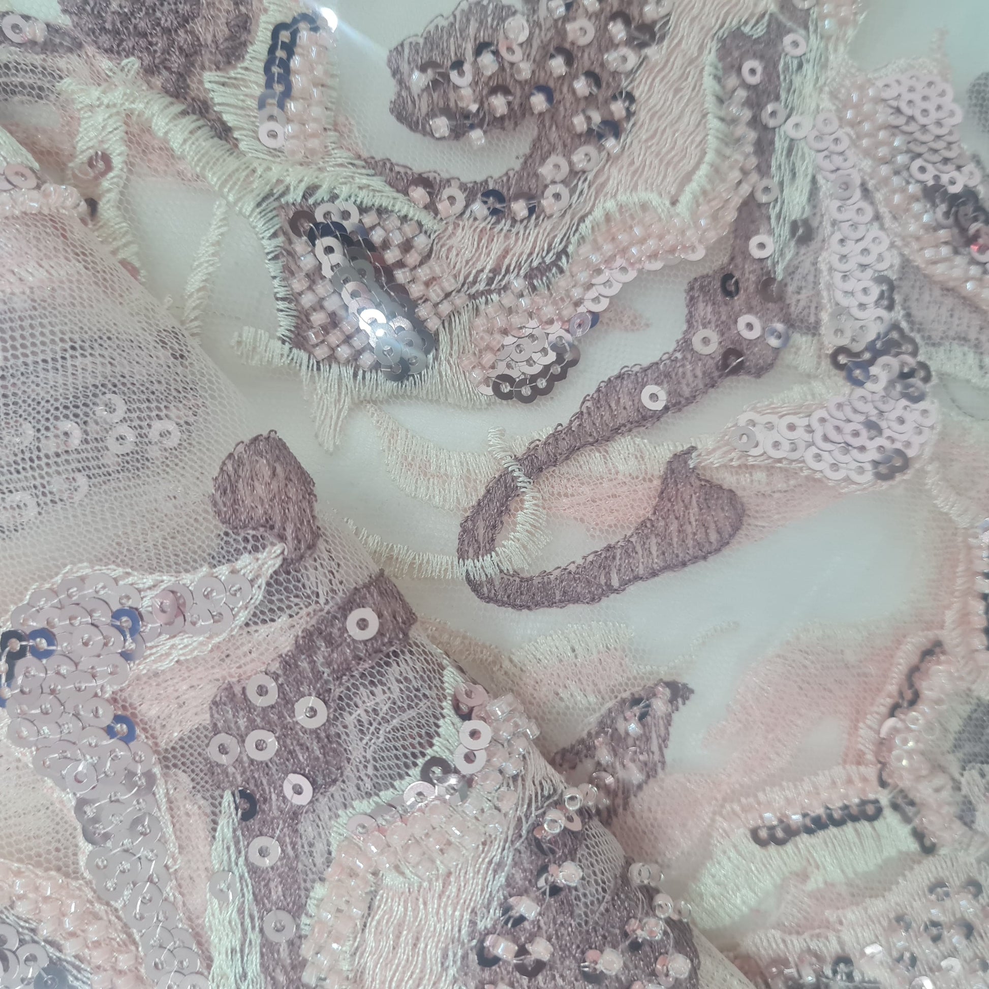 Peach Pink Floral Handwork Beads Imported Sequence Thread Embroidery Net Fabric