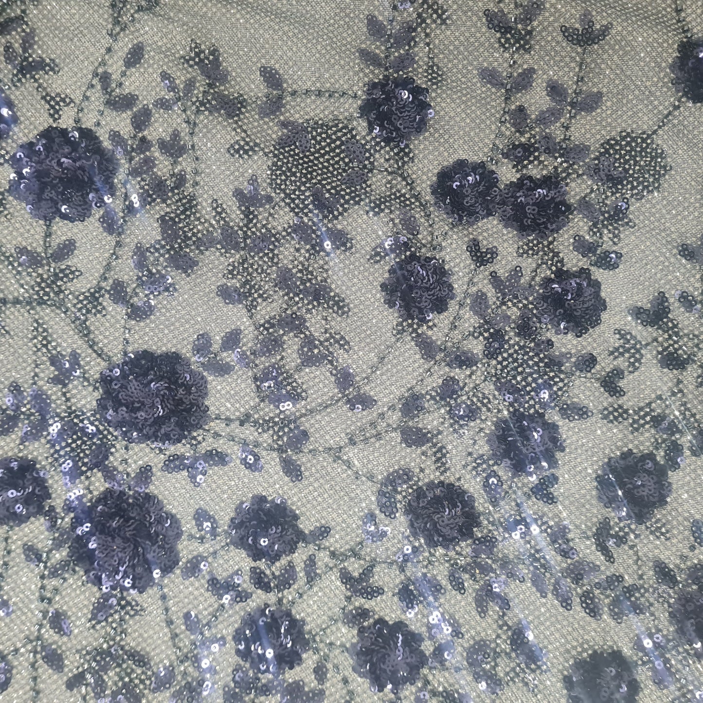 Navy Blue & Silver FLoral Shimmer Imported Sequence Embroidery Net Fabric