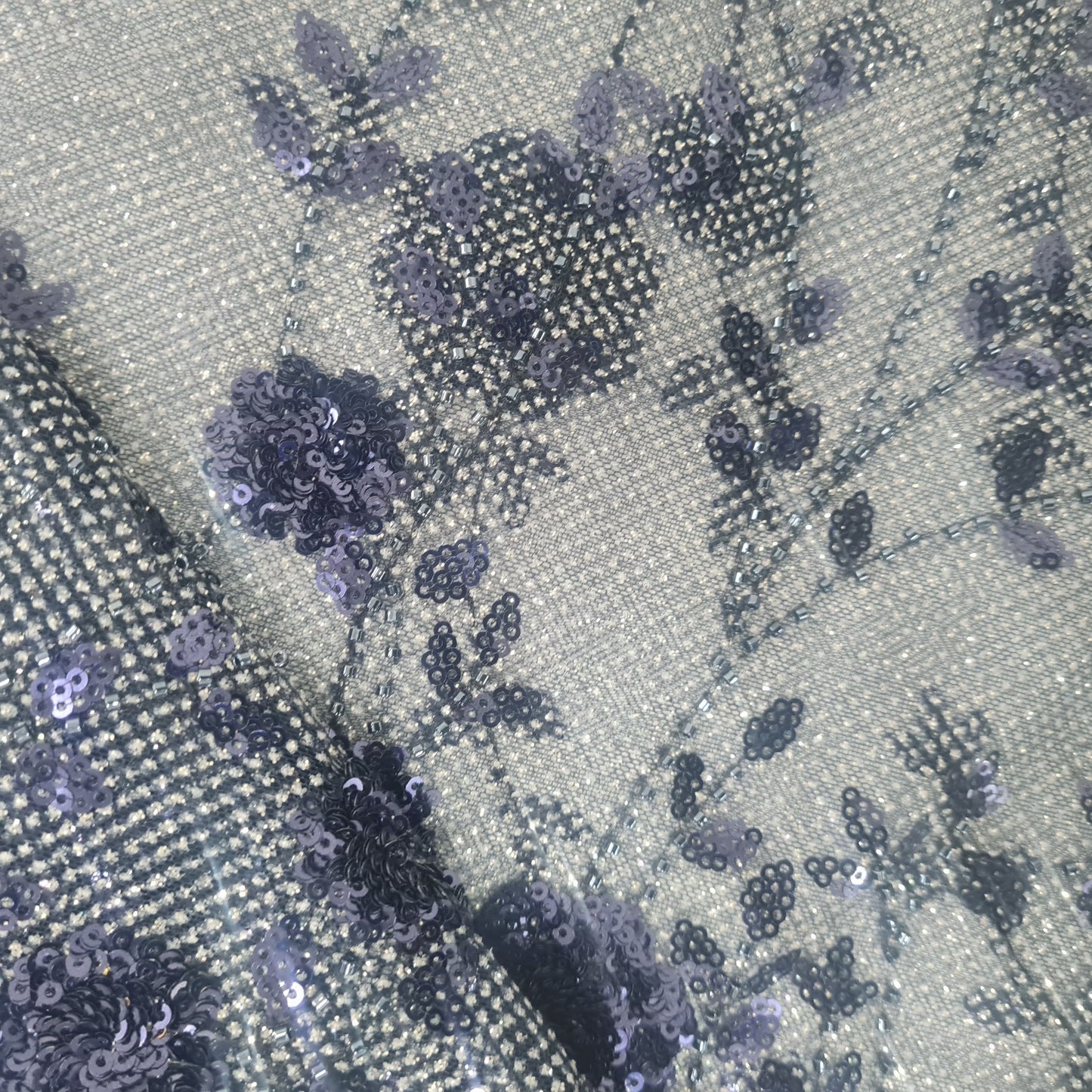 Navy Blue & Silver FLoral Shimmer Imported Sequence Embroidery Net Fabric