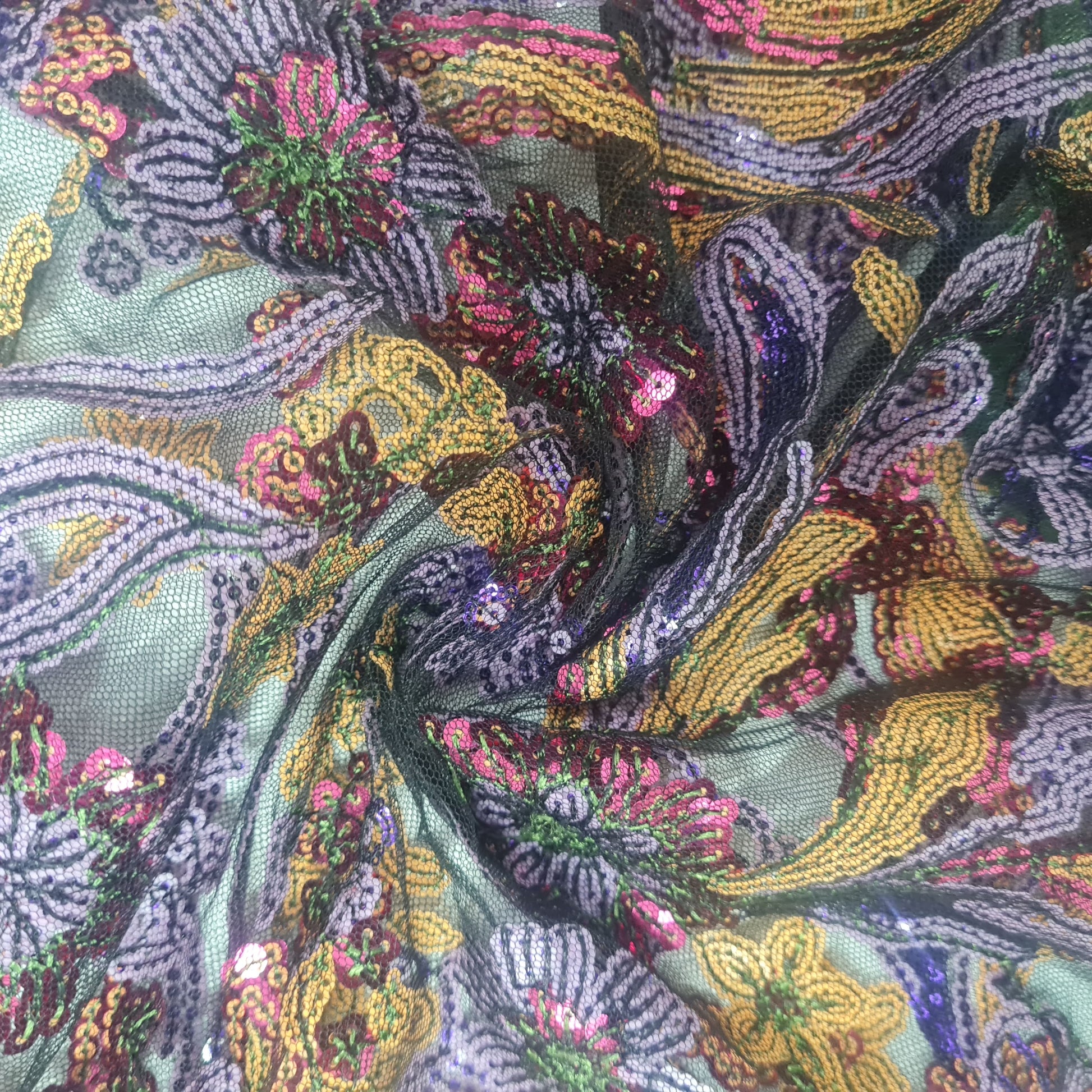 Black & Mulitcolor Floral Sequence Thread Embroidery Net Fabric