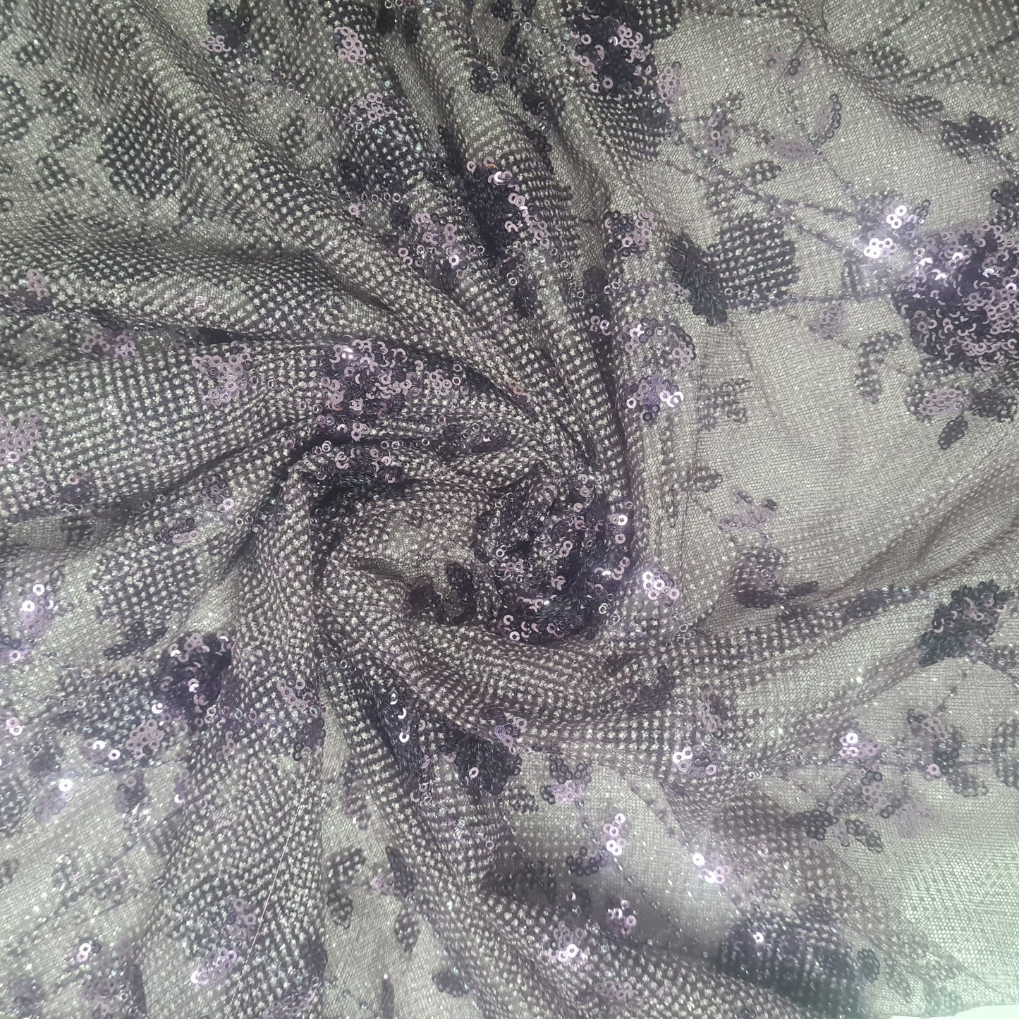 Wine & Silver FLoral Shimmer Imported Sequence Embroidery Net Fabric