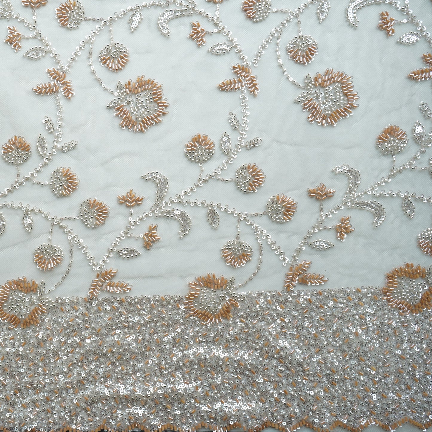 Peach Cutdana Sequins Embroidery Net Fabric