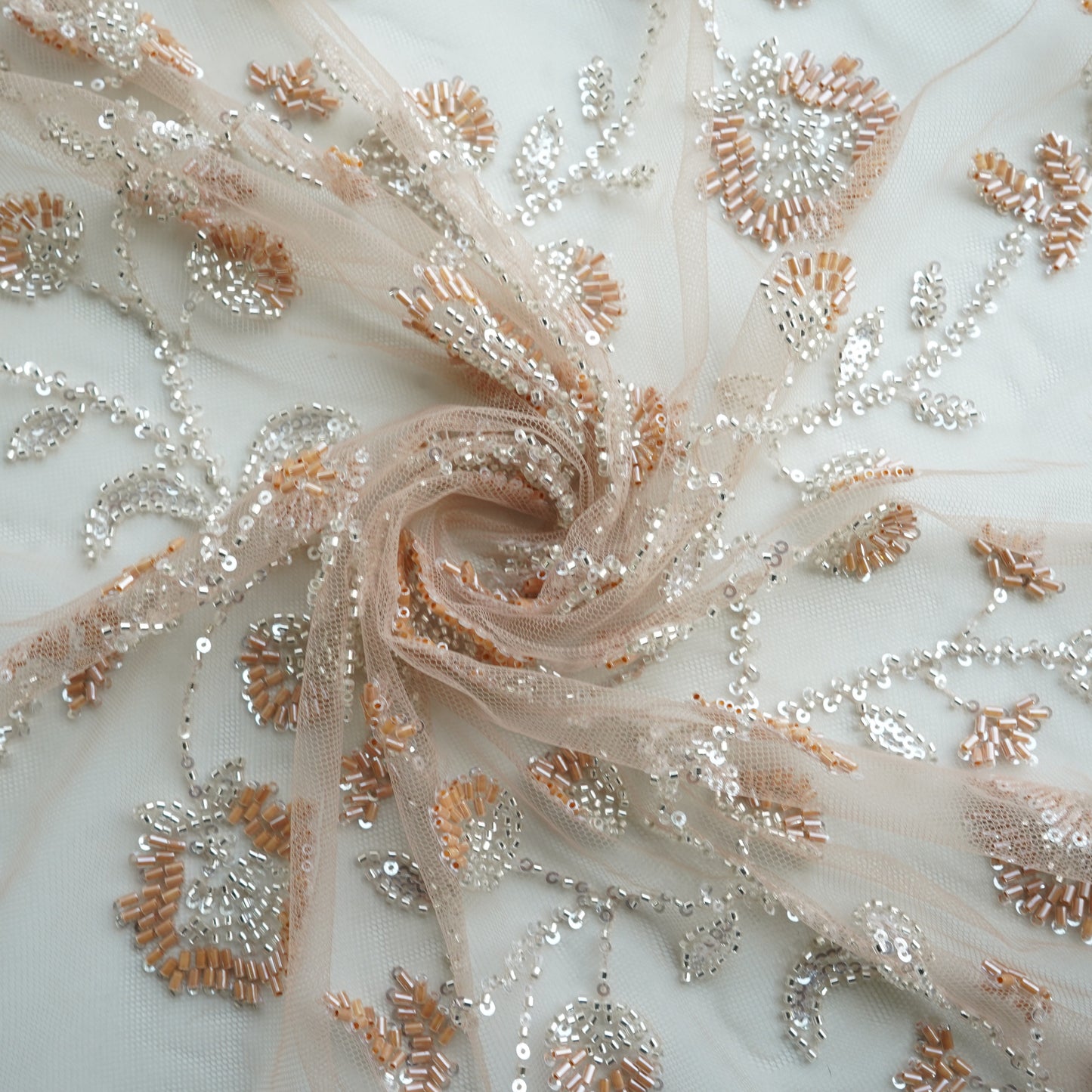 Peach Cutdana Sequins Embroidery Net Fabric