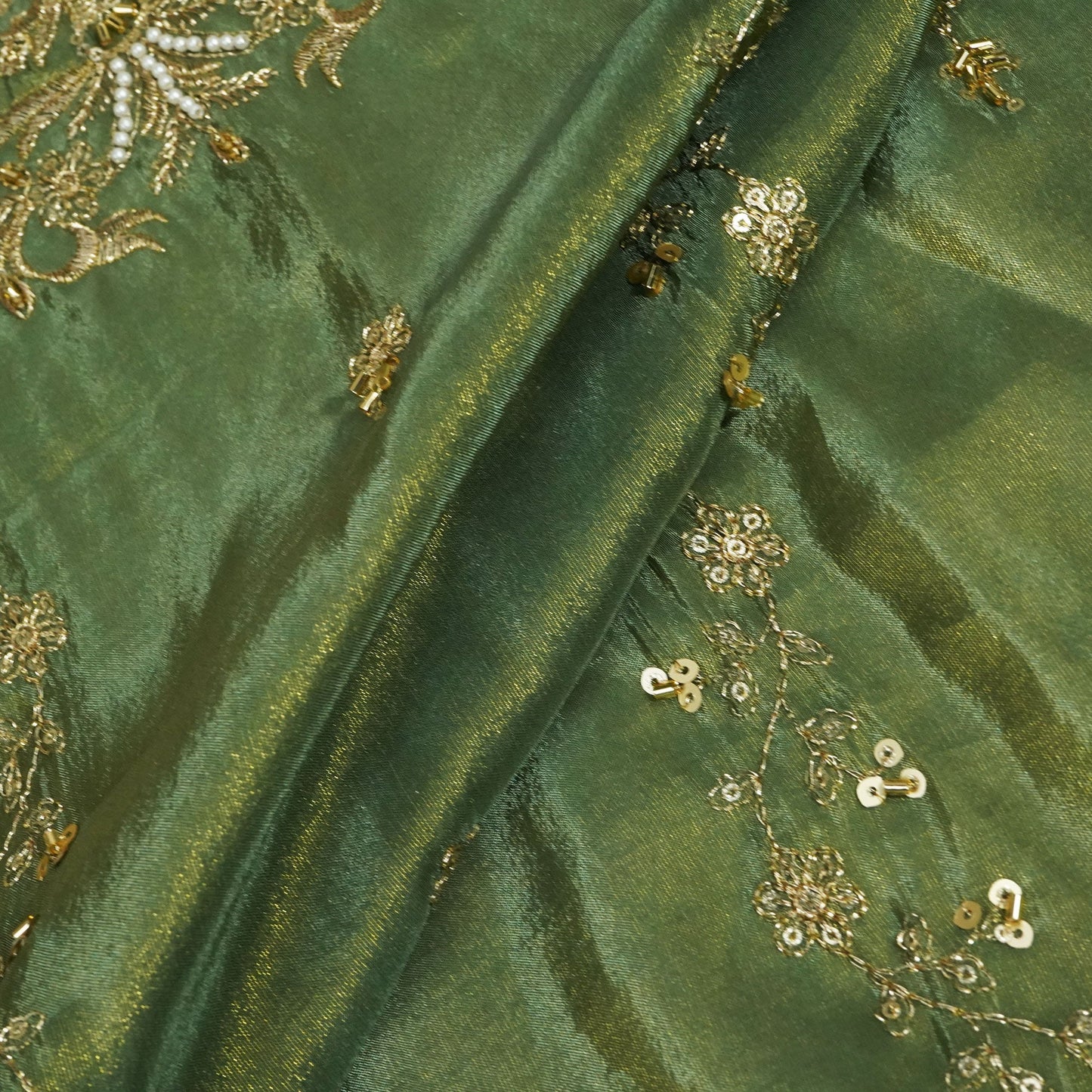 Green Cutdana & Pearl Zari Embroidery Tissue Fabric AF-23743