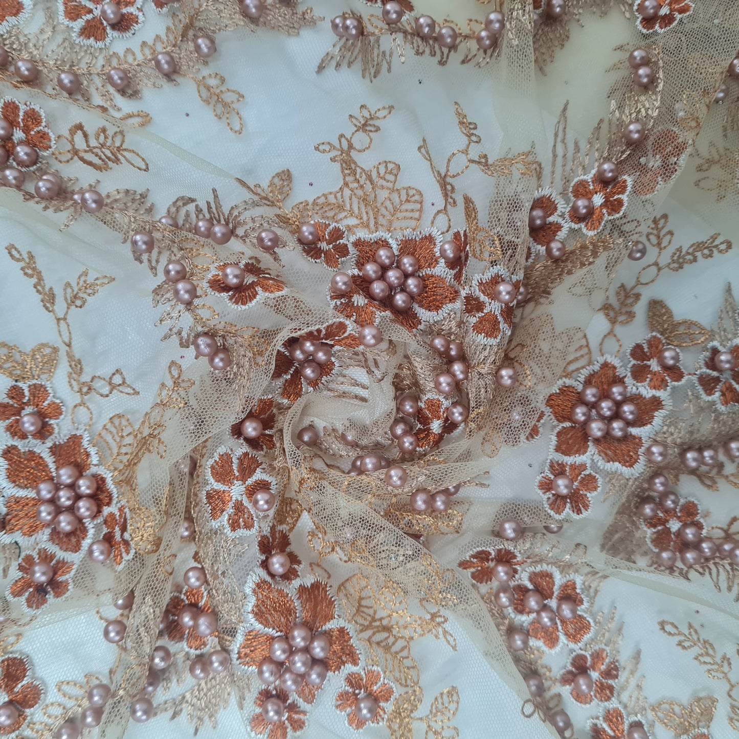 Golden floral embroidery with pearl net lycra sequence net lycra sequence