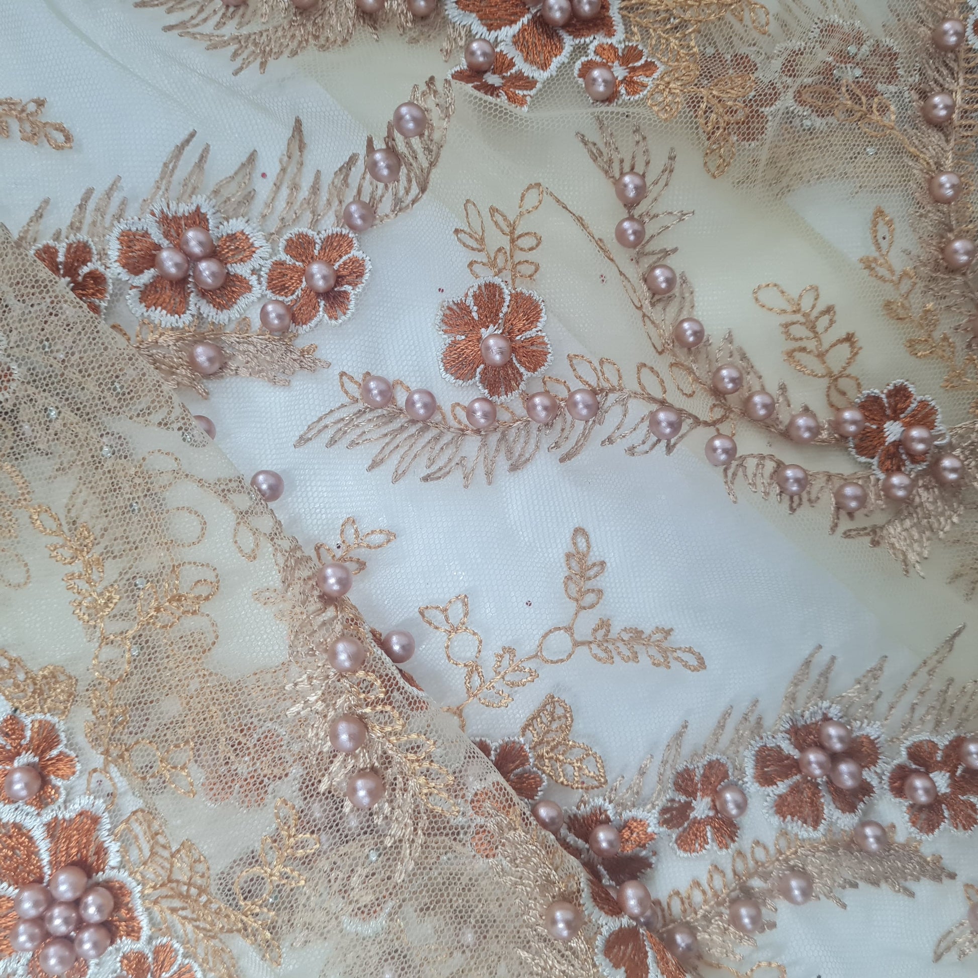 Golden floral embroidery with pearl net lycra sequence net lycra sequence