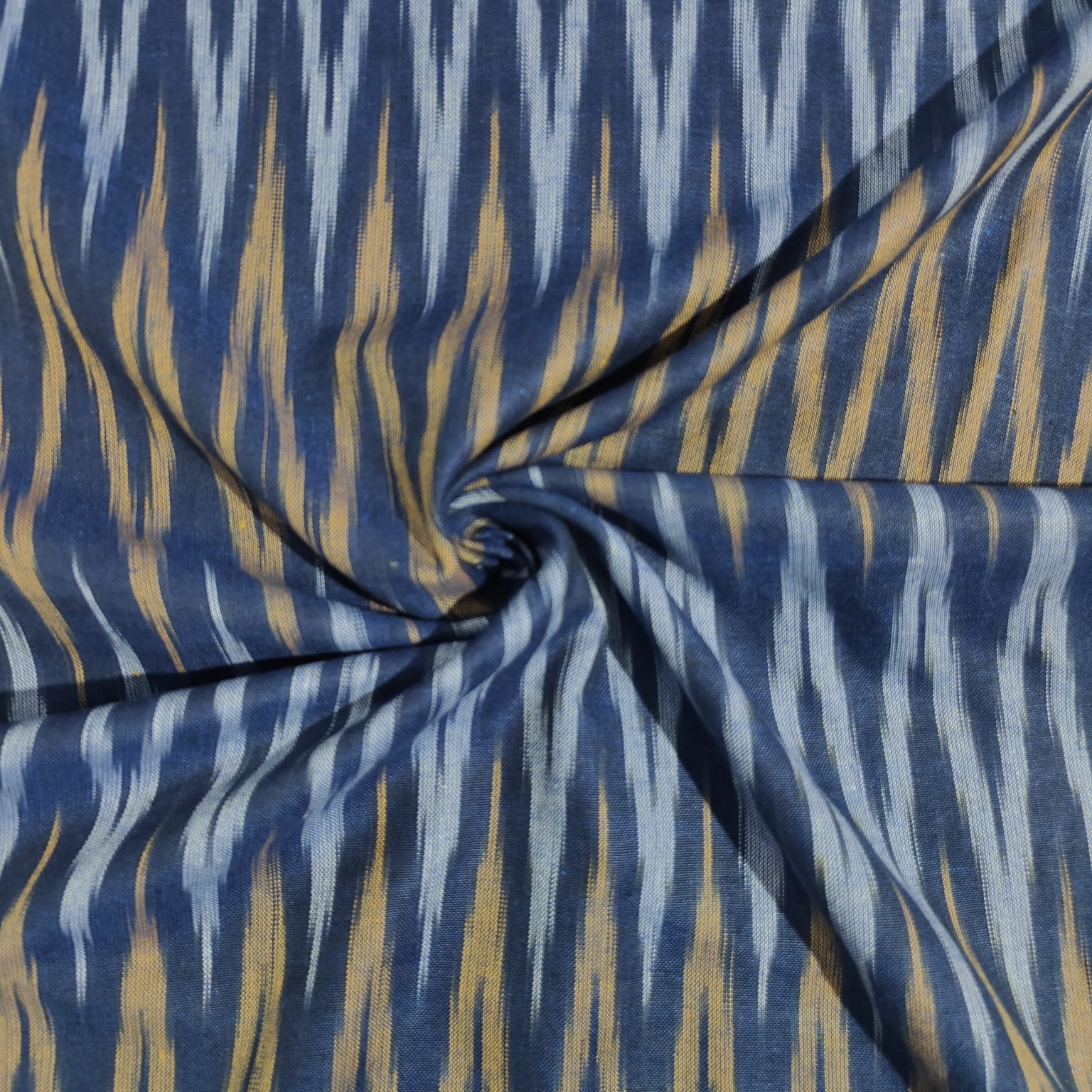 Navy Blue With Golden Ikkat Print Cotton Fabric