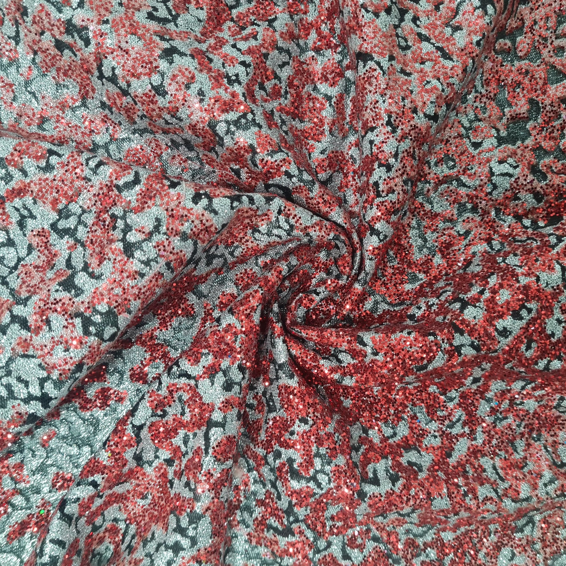 Grey & Red Ombre Handwork Imported Shimmer Net Fabric