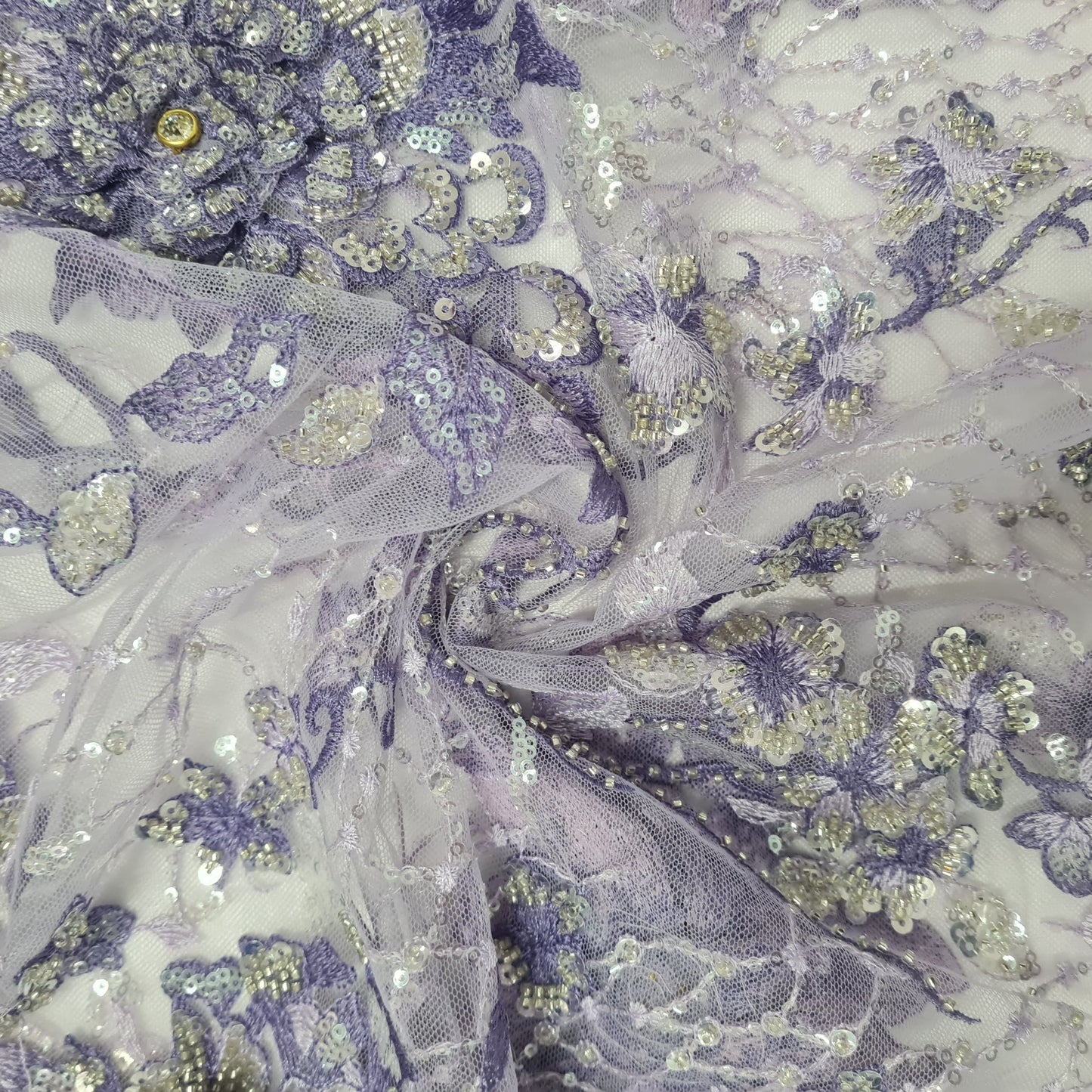 Purple Floral Handwork Bead Imported Sequence Thread Embroidery Net Fabric