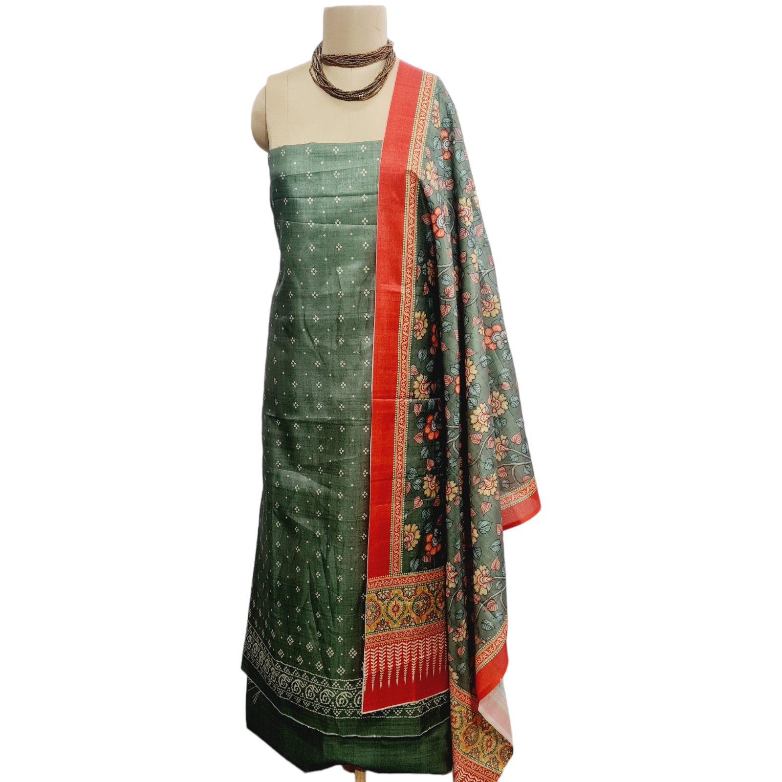 Green & Multicolor Floral Ghicha Silk Suit Set With Dupatta - TradeUNO