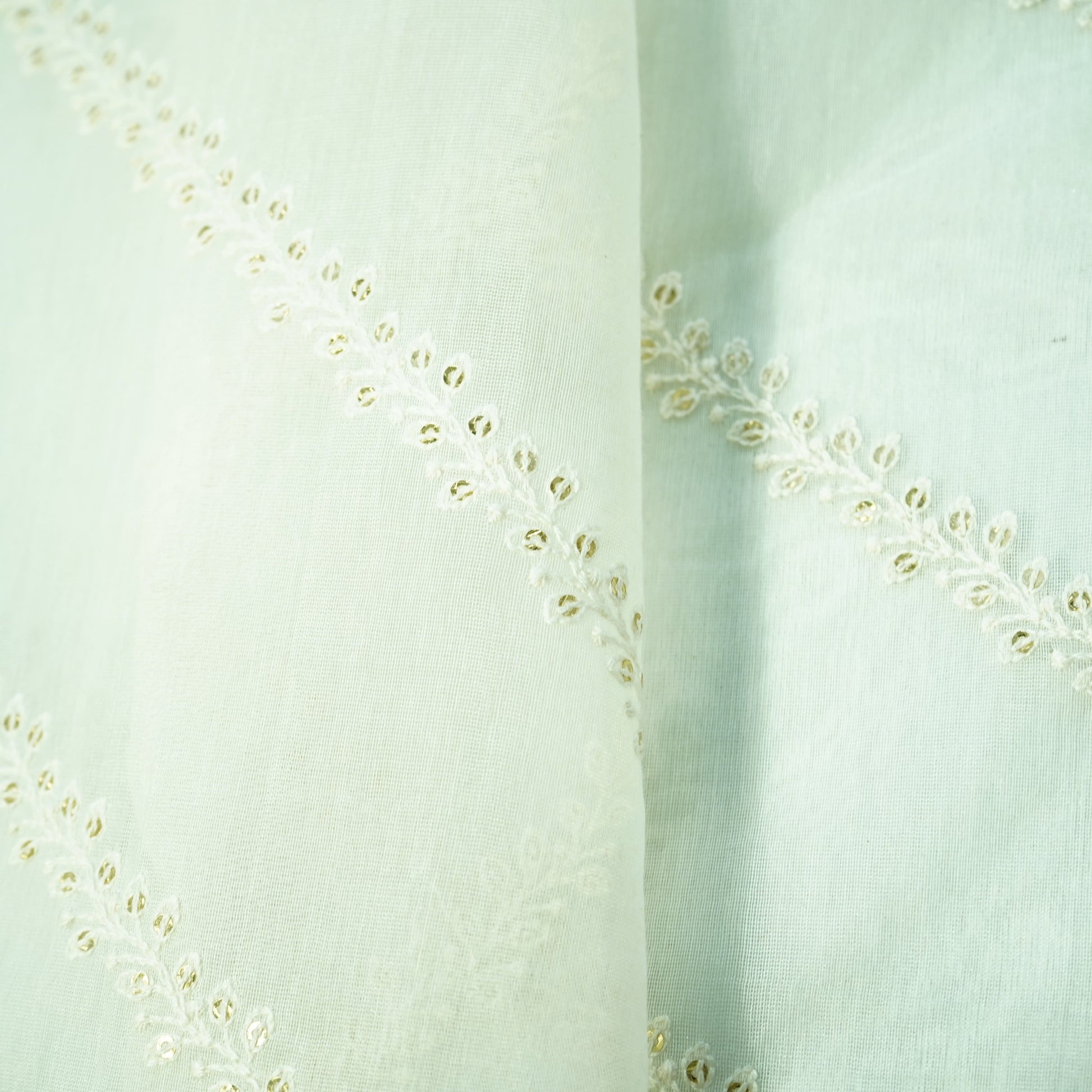 Off White Bail Sequins Border Thread Embroidery Dyeable Chanderi Fabric