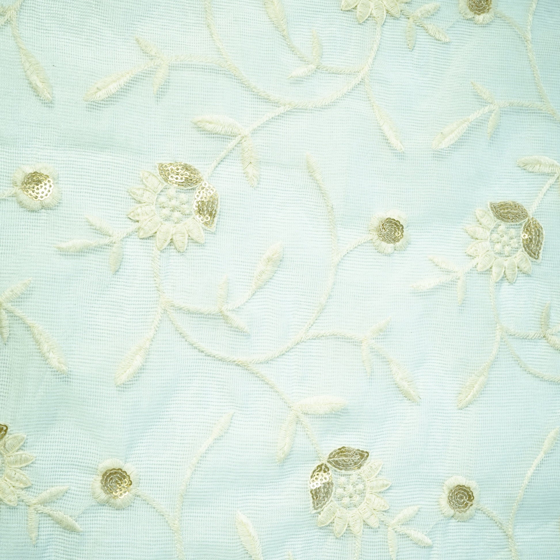 White Floral Golden Sequence Thread Embrodiery Dyeable Kota Cotton Fabric