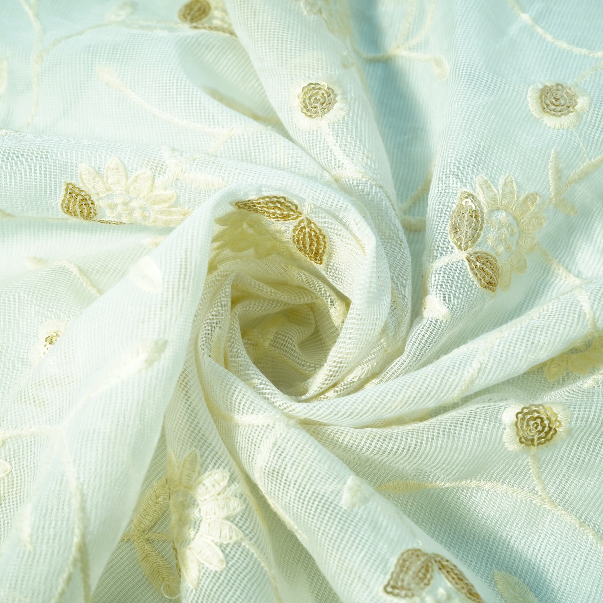 White Floral Golden Sequence Thread Embrodiery Dyeable Kota Cotton Fabric