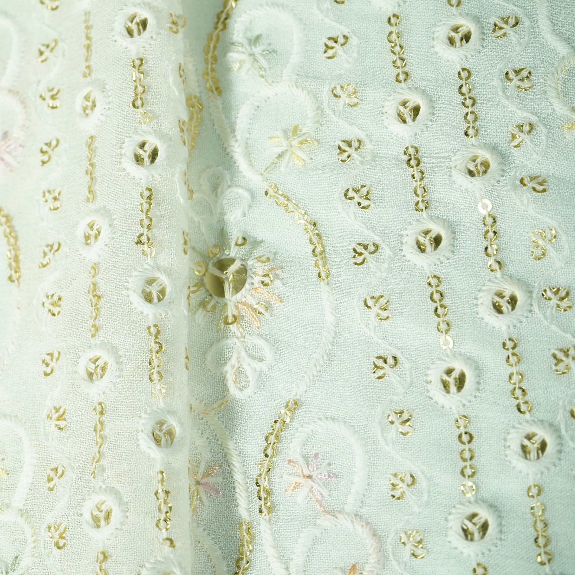 White Floral Sequins Thread Embrodiery Dyeable Georgette Fabric