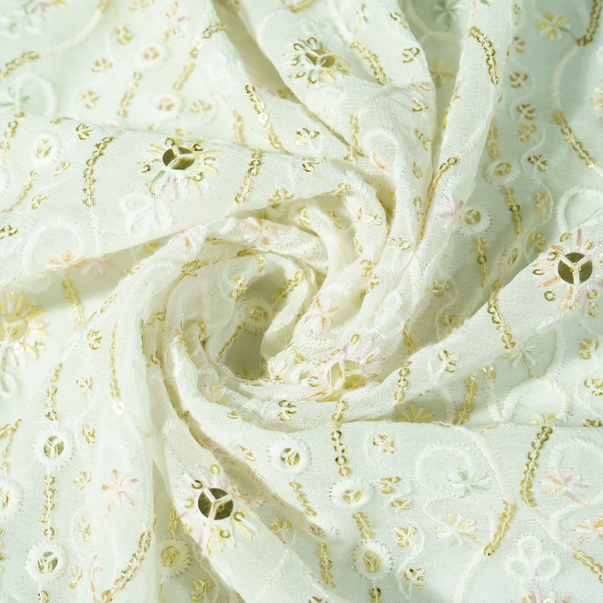 White Floral Sequins Thread Embrodiery Dyeable Georgette Fabric