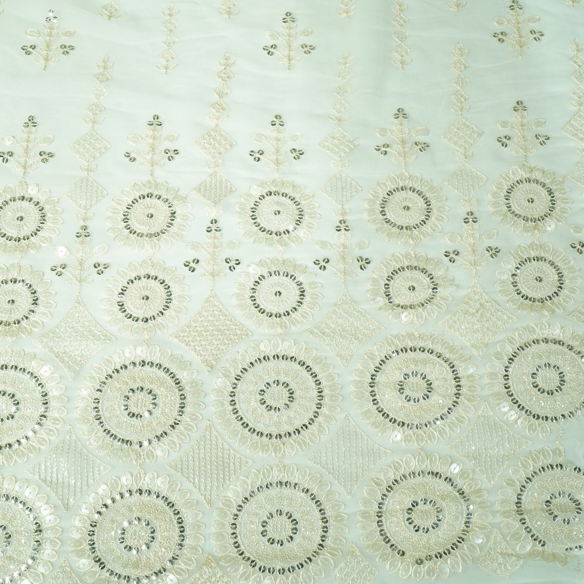 White Floral Sequence Embroidery Georgette Fabric