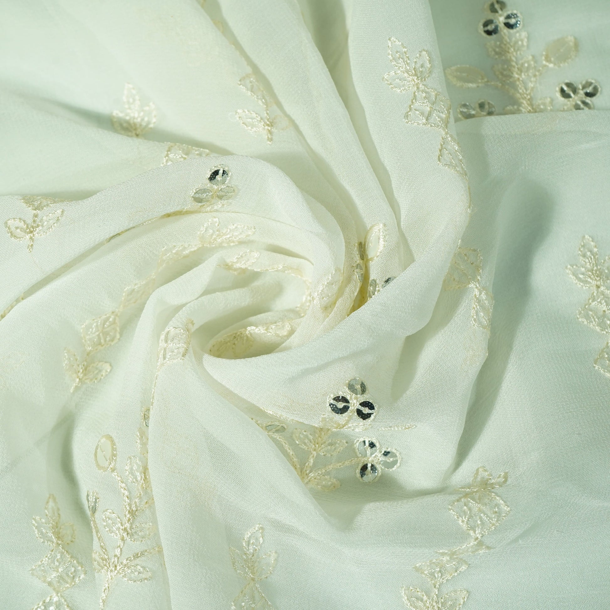 White Floral Sequence Embroidery Georgette Fabric