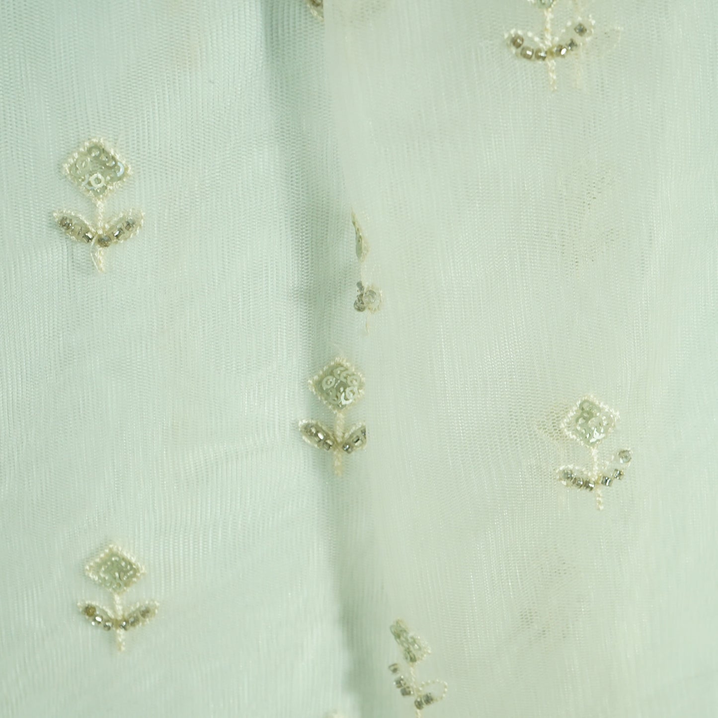 White Floral Beads & Sequence Embroidery Net Fabric