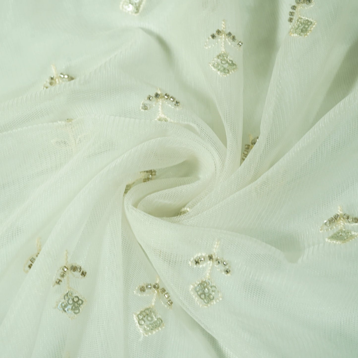 White Floral Beads & Sequence Embroidery Net Fabric