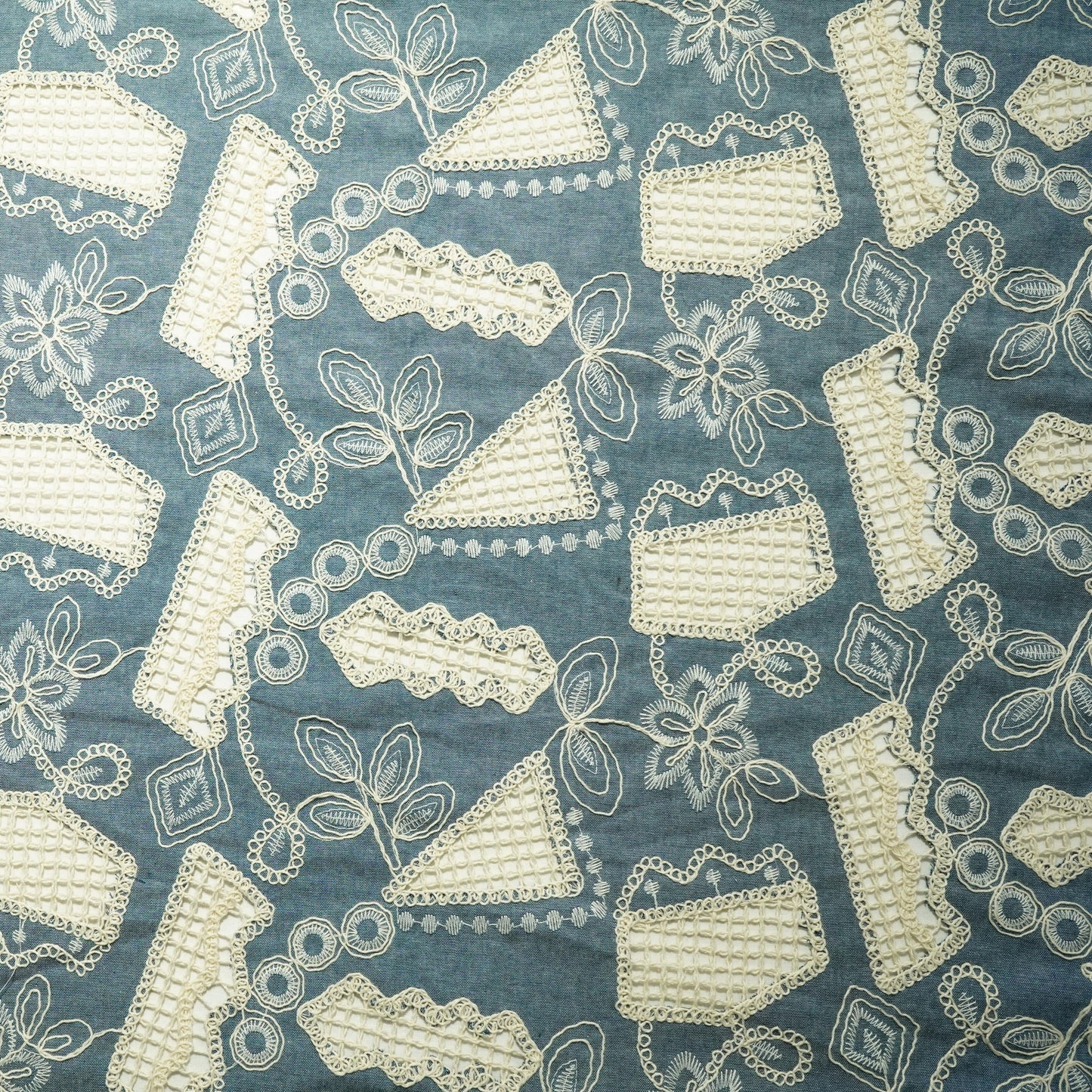 Powder Blue Thread Embroidery Denim Crochet Fabric