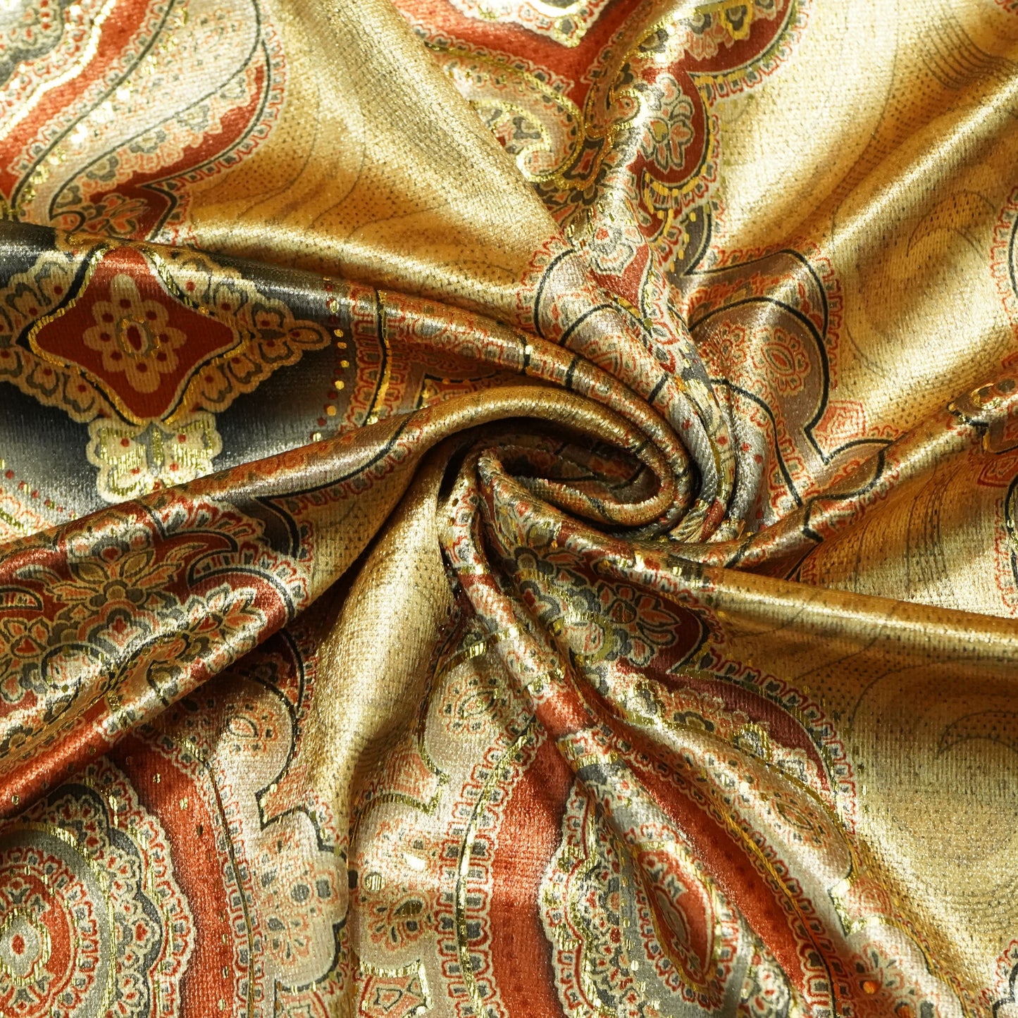 Brown Golden Traditional Zari Print Velvet Silk Fabric