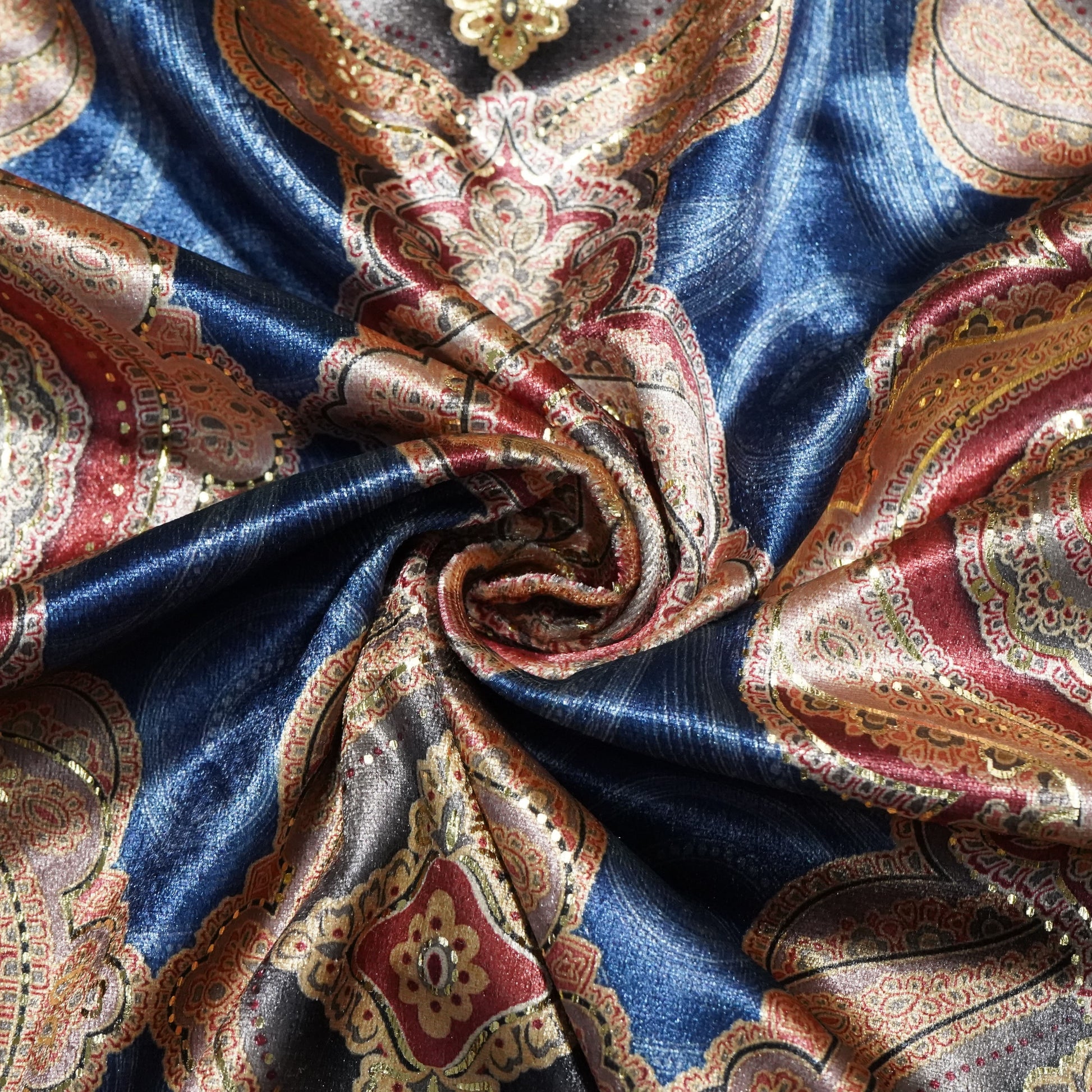 Blue Golden Traditional Zari Print Velvet Silk Fabric