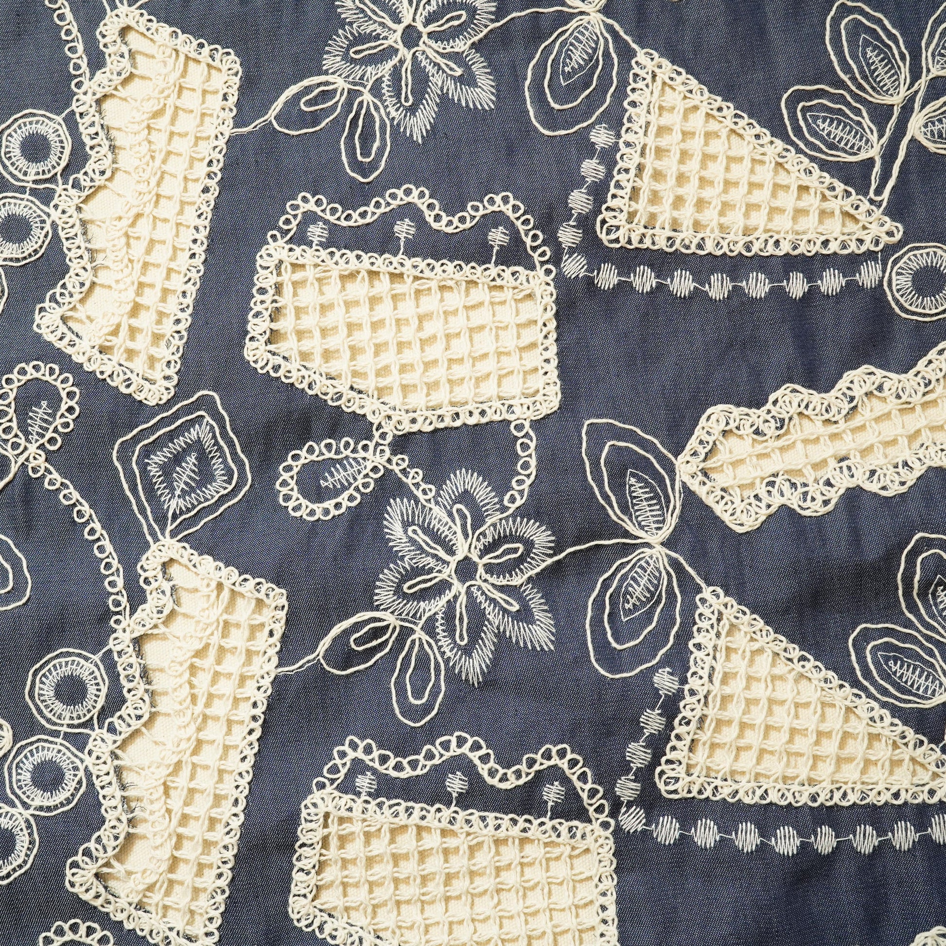 Blue Thread Embroidery Denim Crochet Fabric