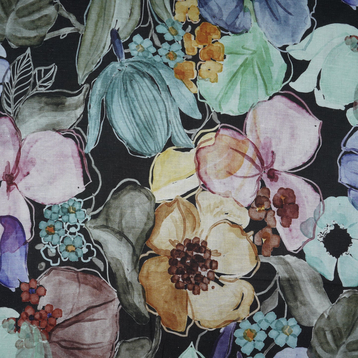 Black Floral Print Cotton Linen Fabric 21037