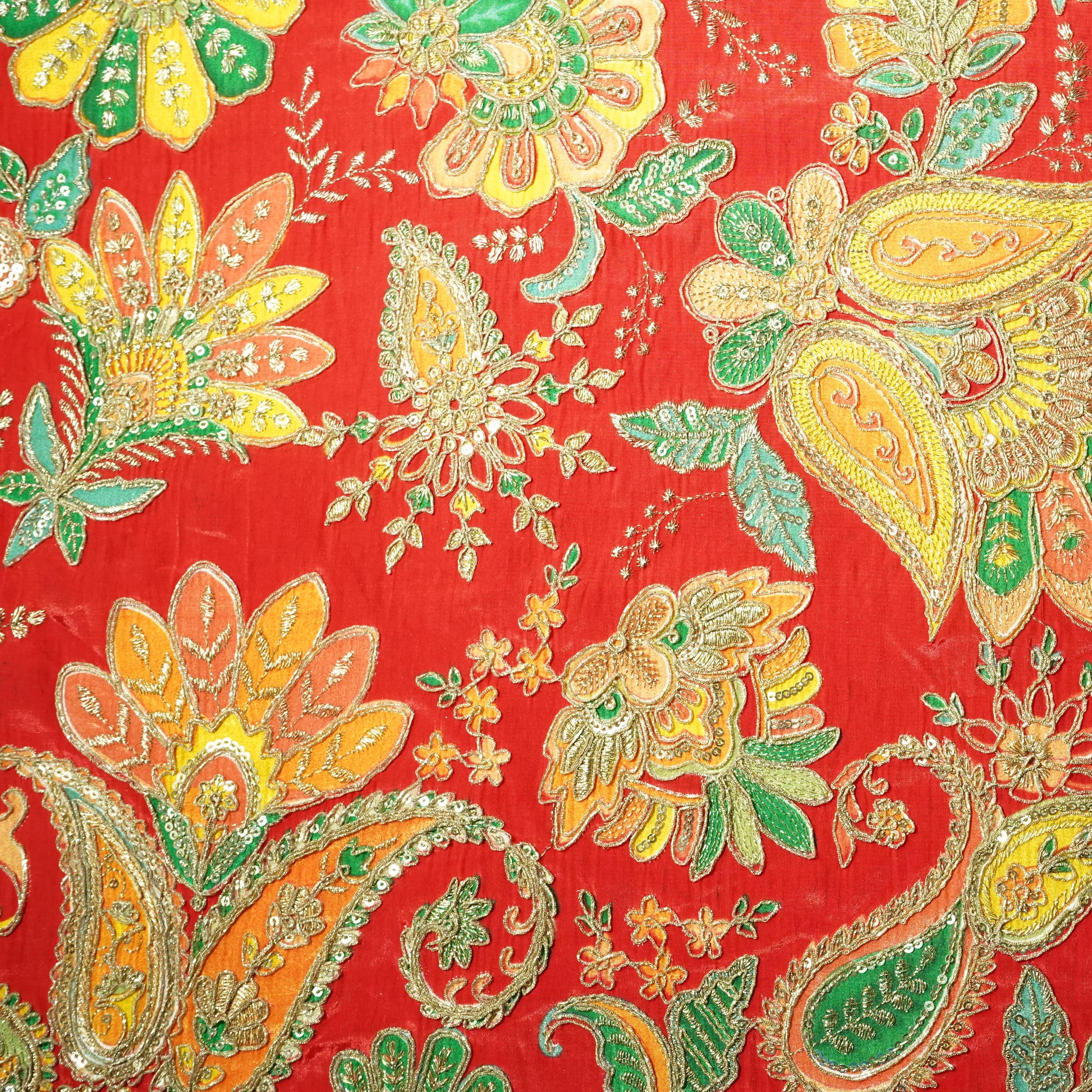 Red Paisley Floral Embroidery Crepe Fabric