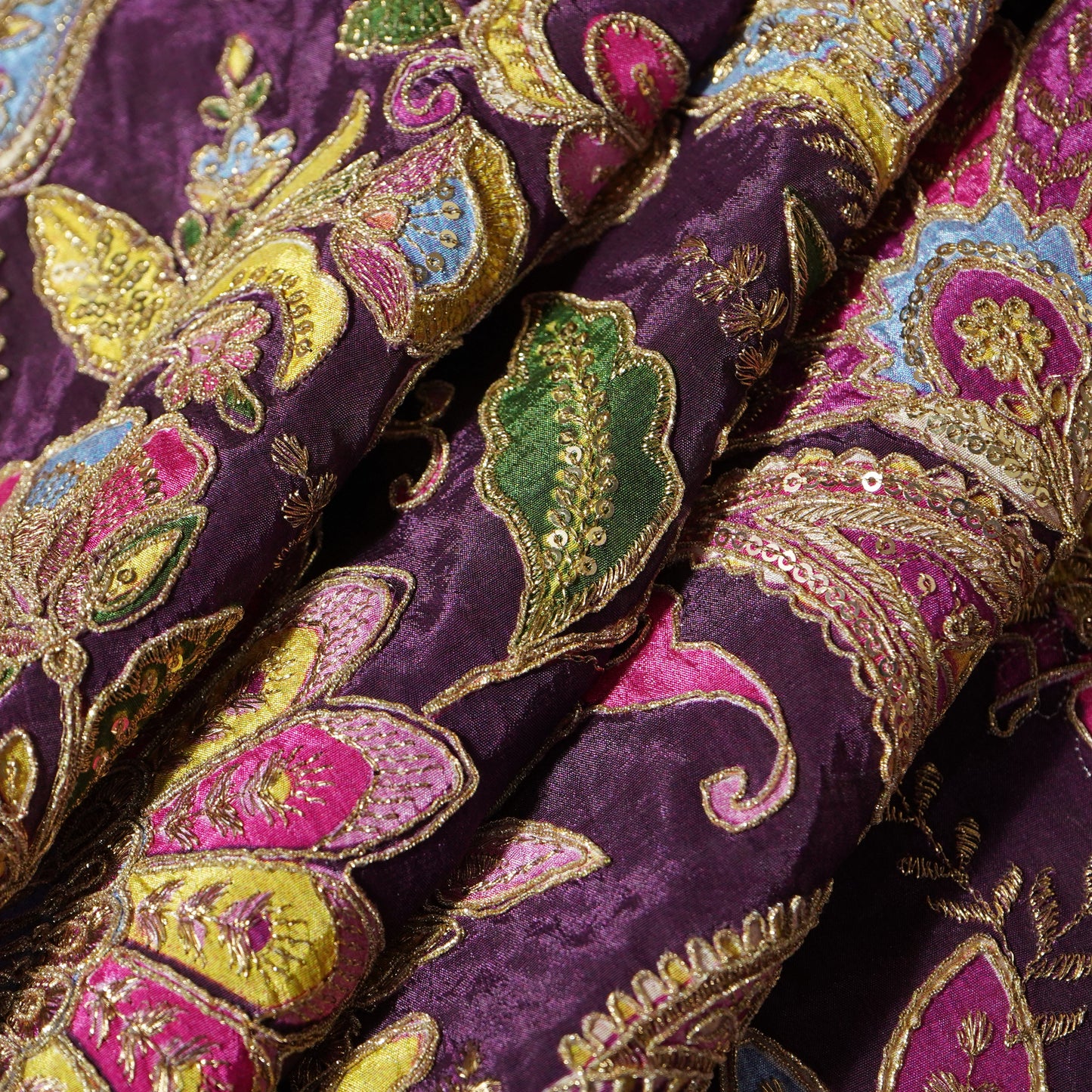 Wine Paisley Floral Embroidery Crepe Fabric