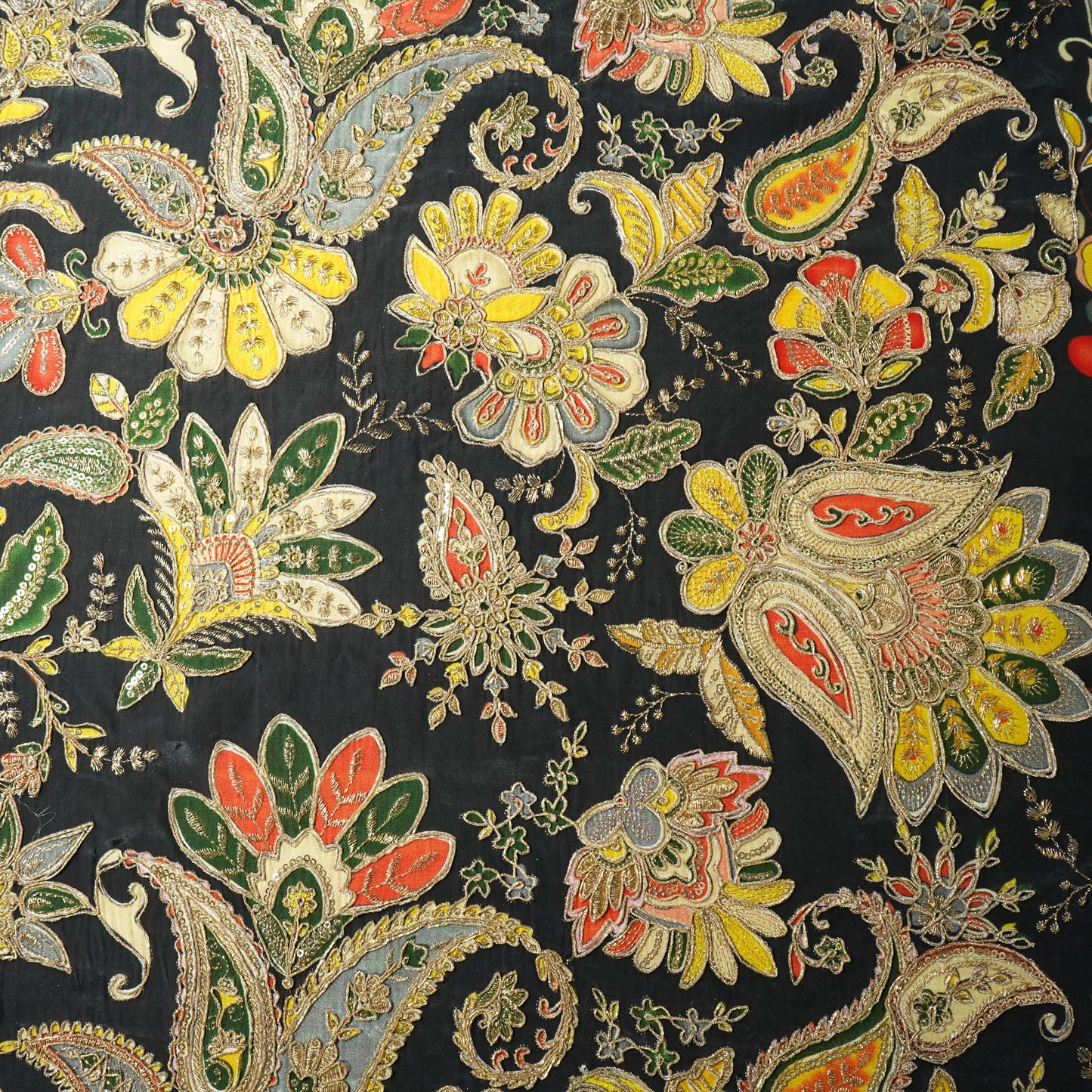 Black Paisley Floral Embroidery Crepe Fabric