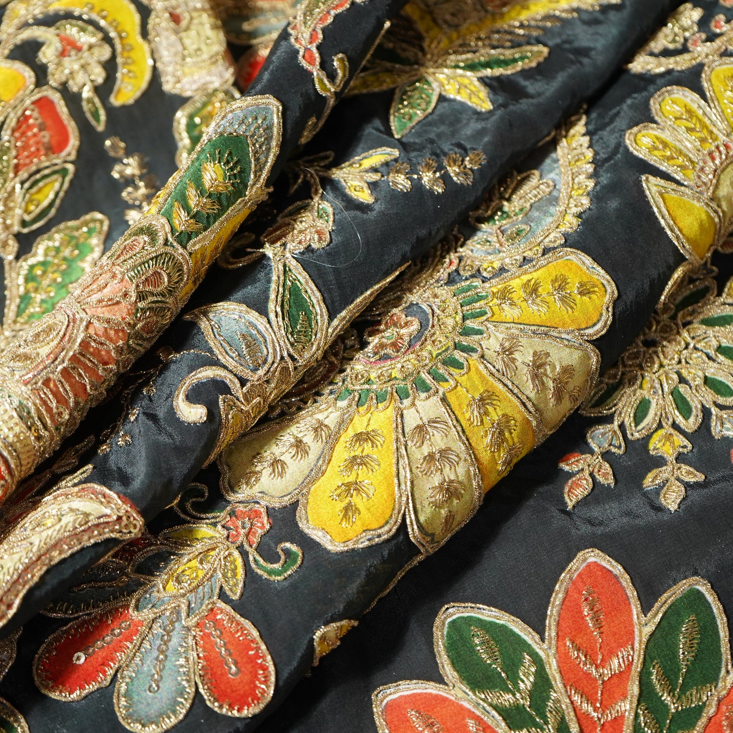 Black Paisley Floral Embroidery Crepe Fabric