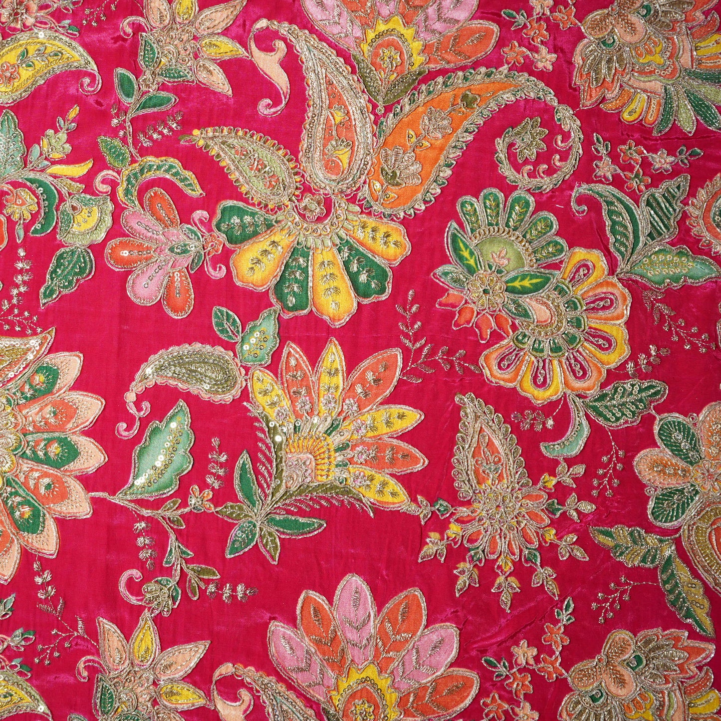 Pink Paisley Floral Embroidery Crepe Fabric