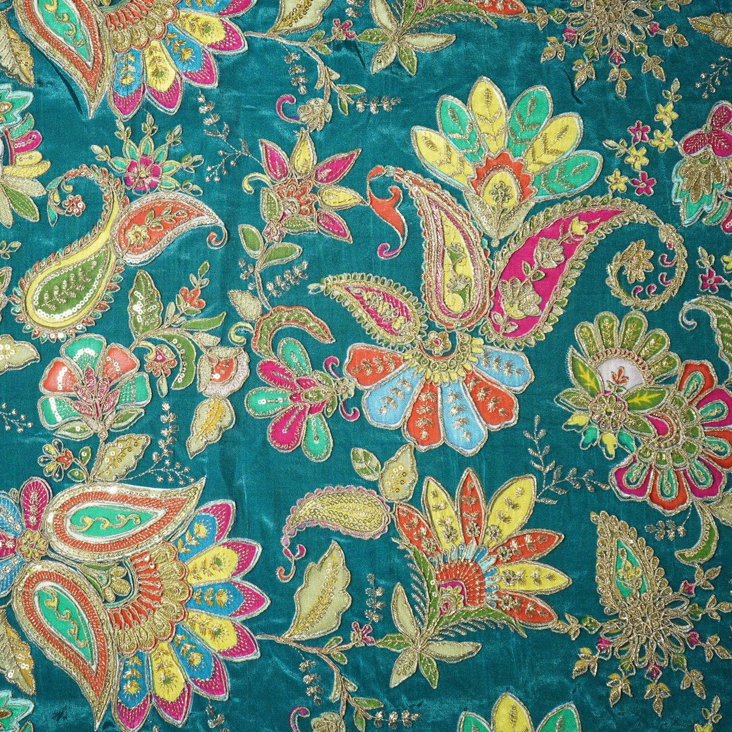 Sea Green Paisley Floral Embroidery Crepe Fabric