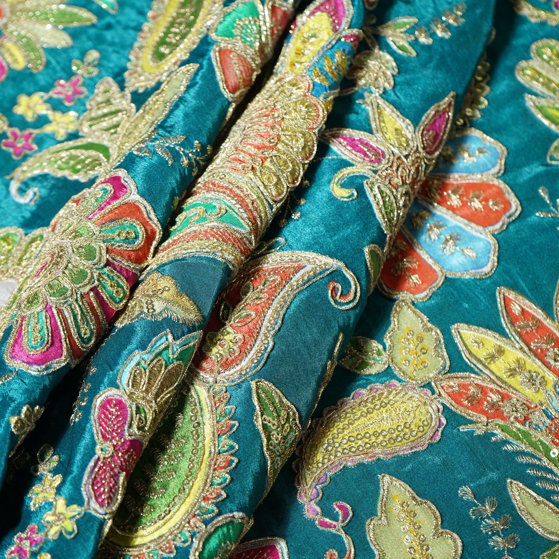 Sea Green Paisley Floral Embroidery Crepe Fabric