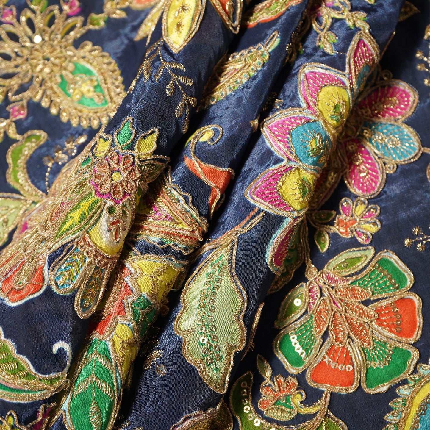 Navy Blue Paisley Floral Embroidery Crepe Fabric