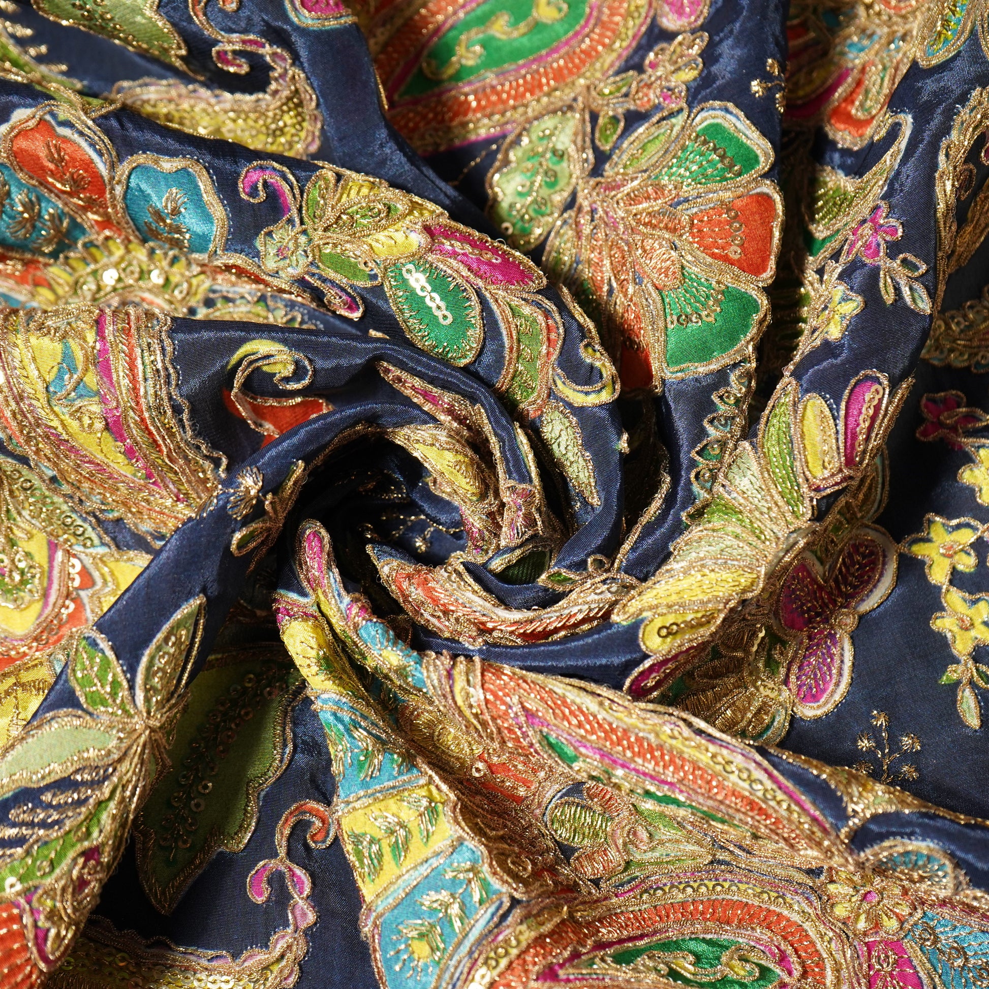 Navy Blue Paisley Floral Embroidery Crepe Fabric