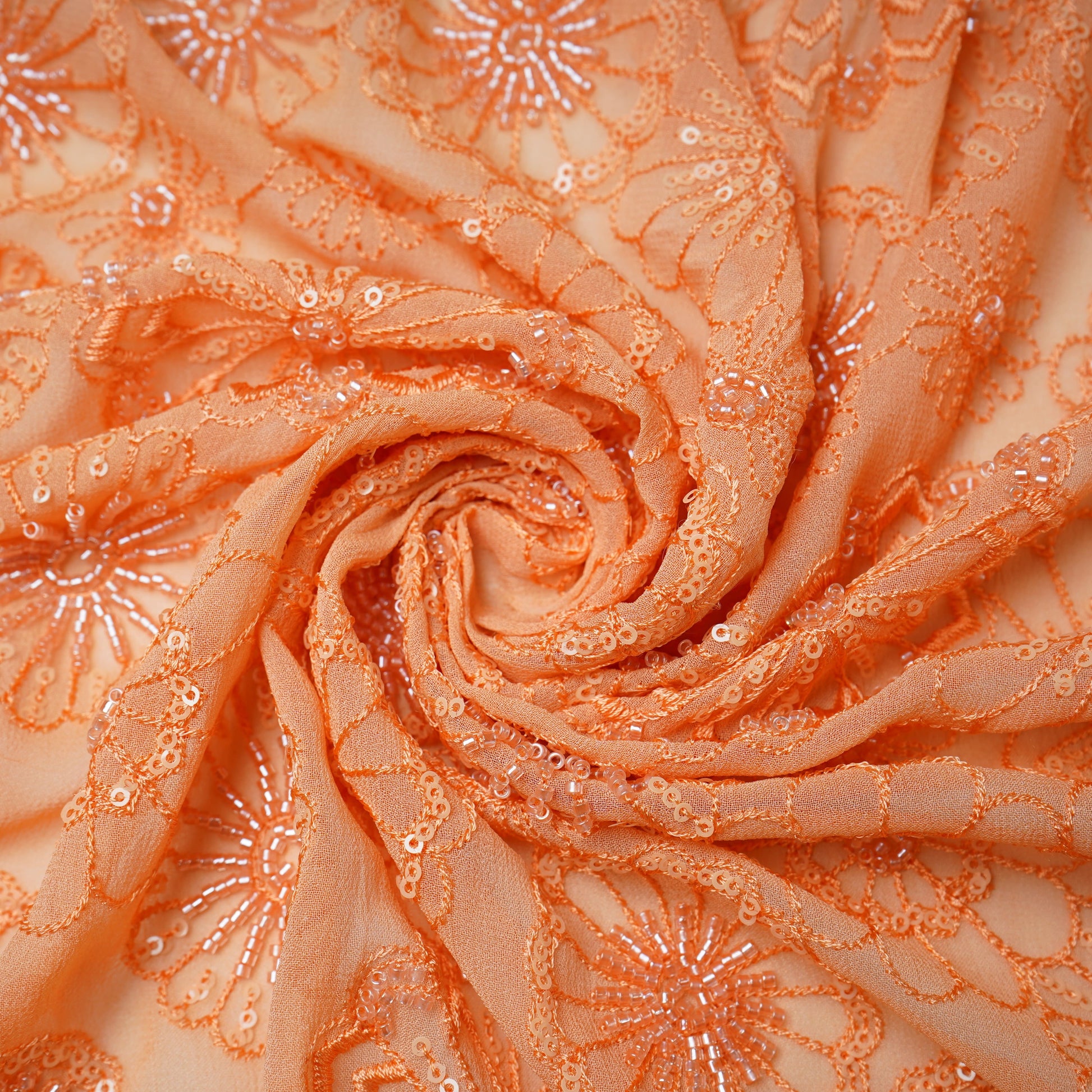 Premium Orange Floral CutDana Thread Embroidery Georgette Fabric