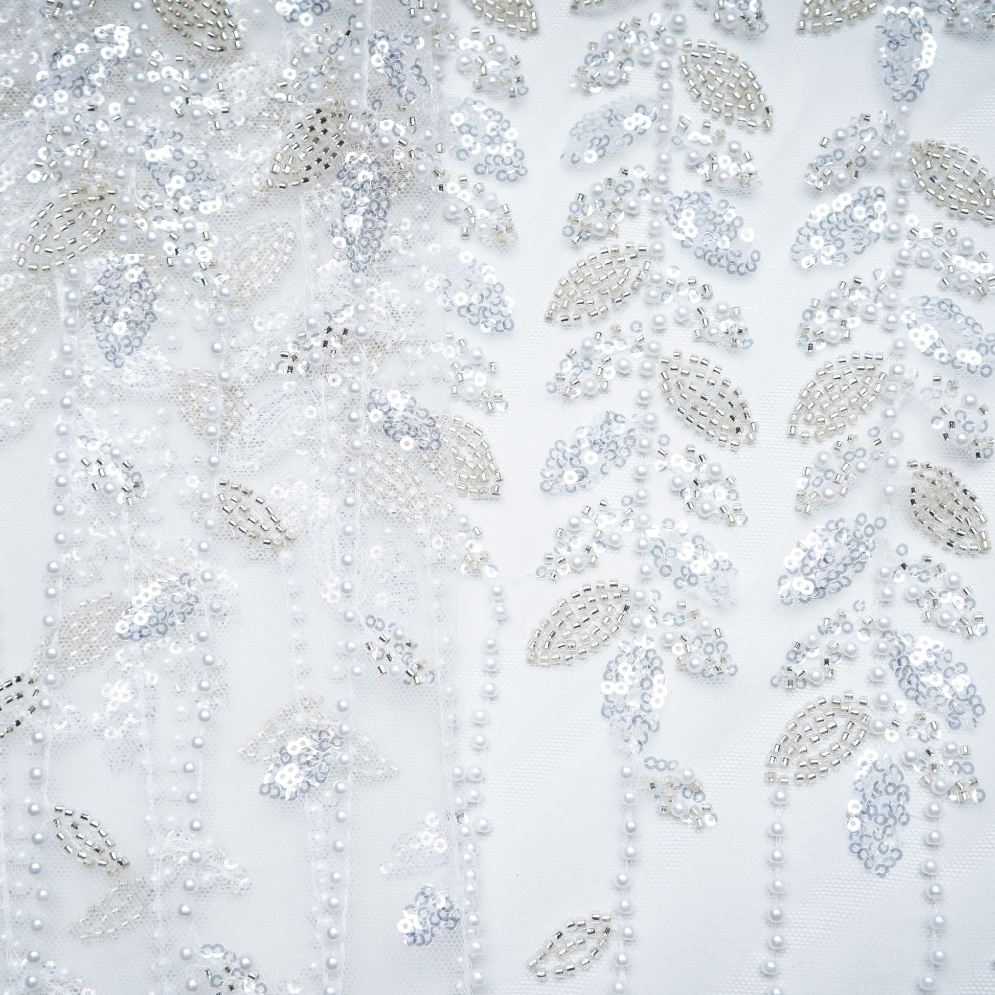 White Floral Pearl Cut Dana Embroidery Net Fabric 15078