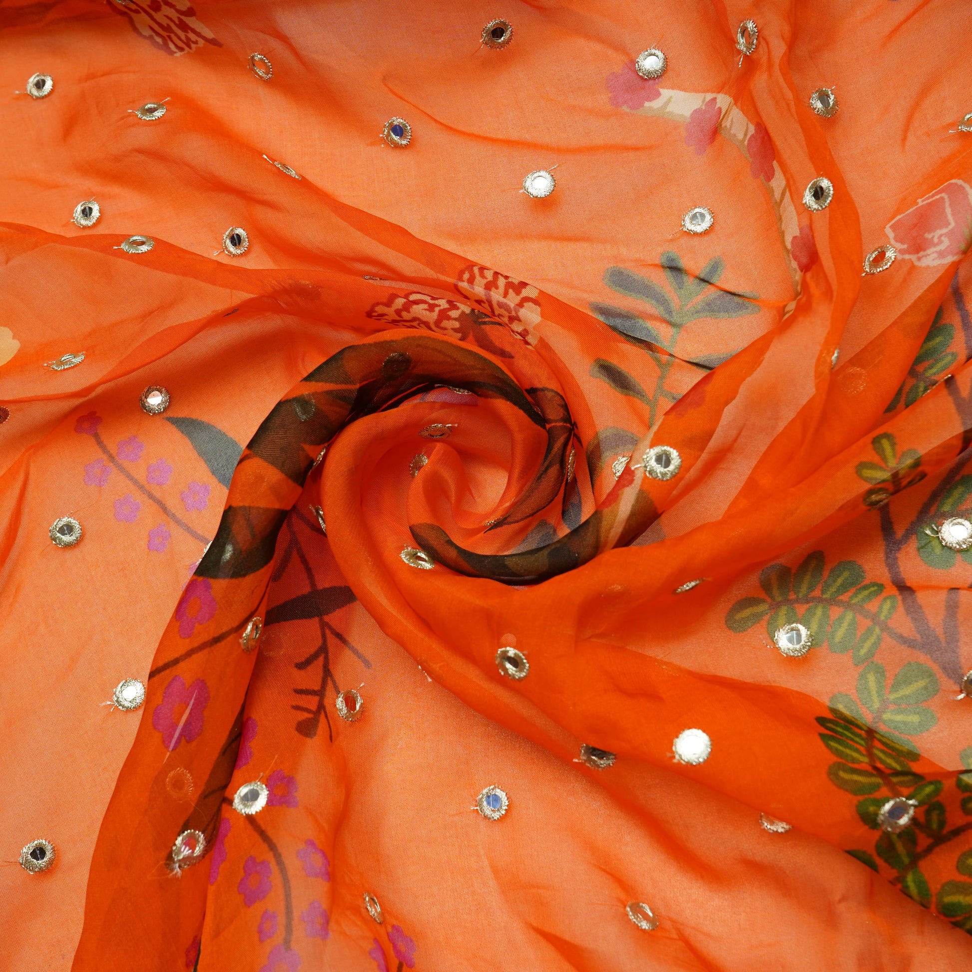 Orange Floral Print Mirror Embroidery Organza Fabric 21292